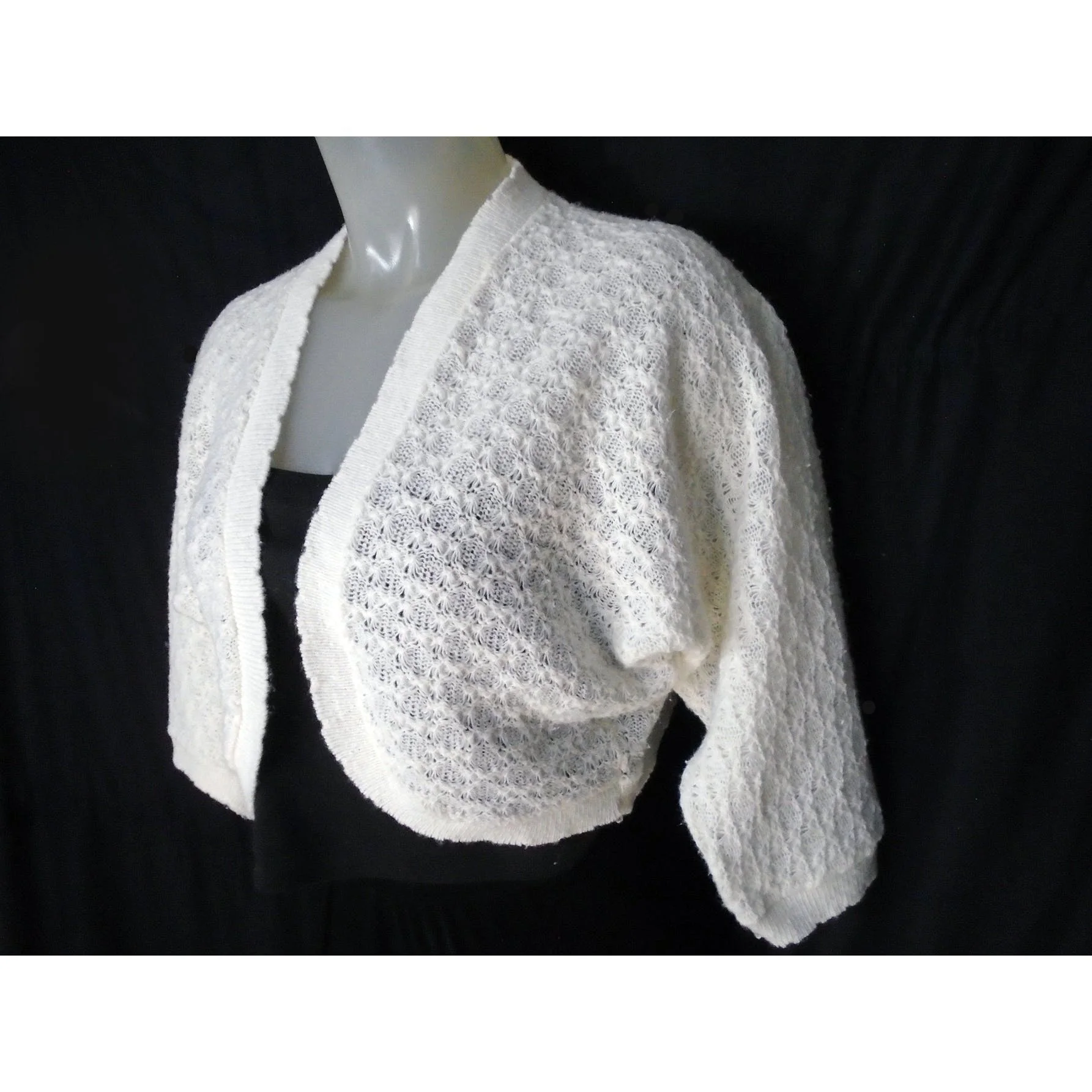 50s White Shrug Sweater Cropped Pointelle Knit - Image 8
