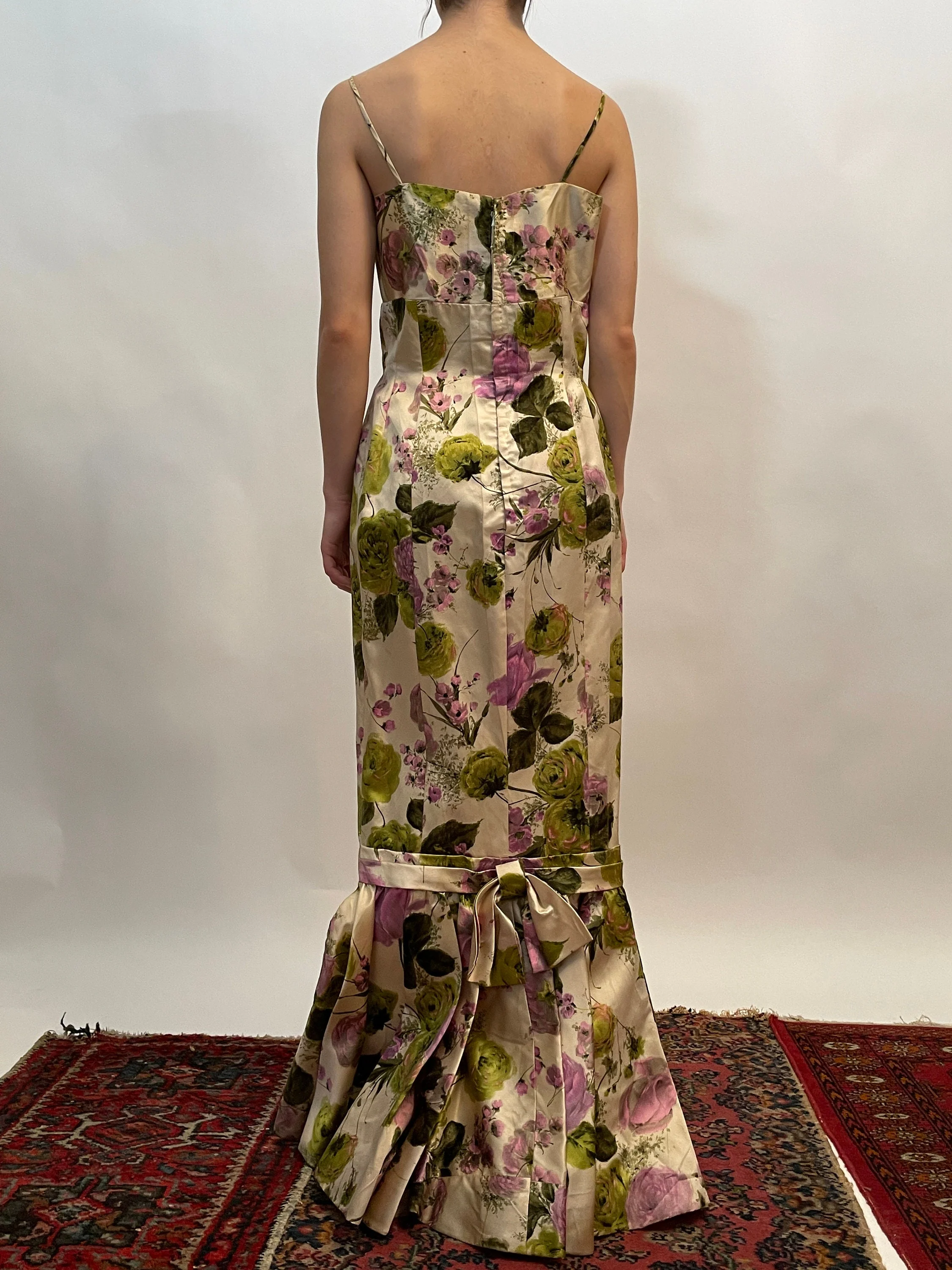 50s White Silk Gown with a Pink Rose Floral Pattern and Green Leaves Applique On The Bust Spaghetti Straps - Image 2