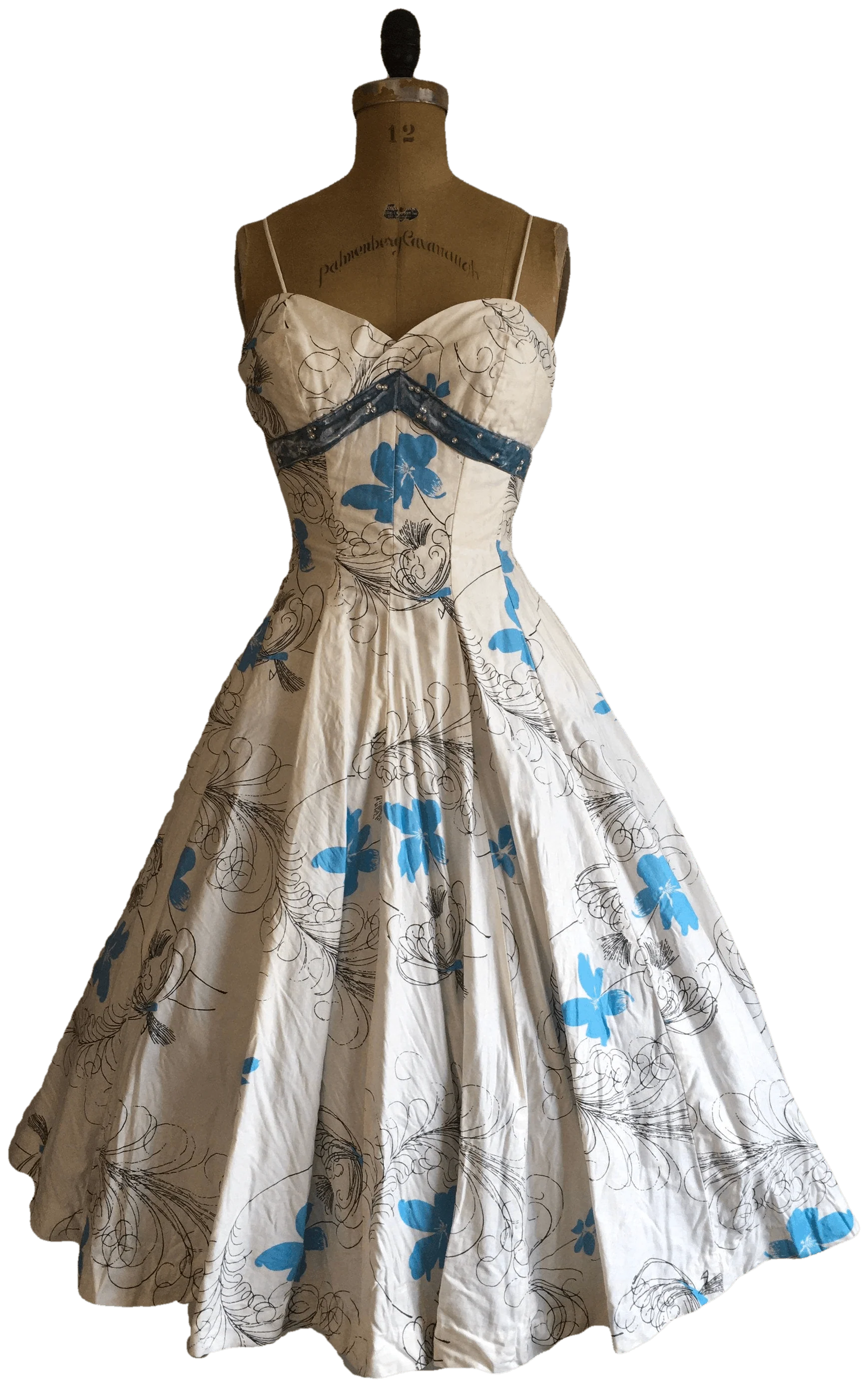 50's White with Black and Blue Feather Floral Novelty Print Dress by Jr. Flair