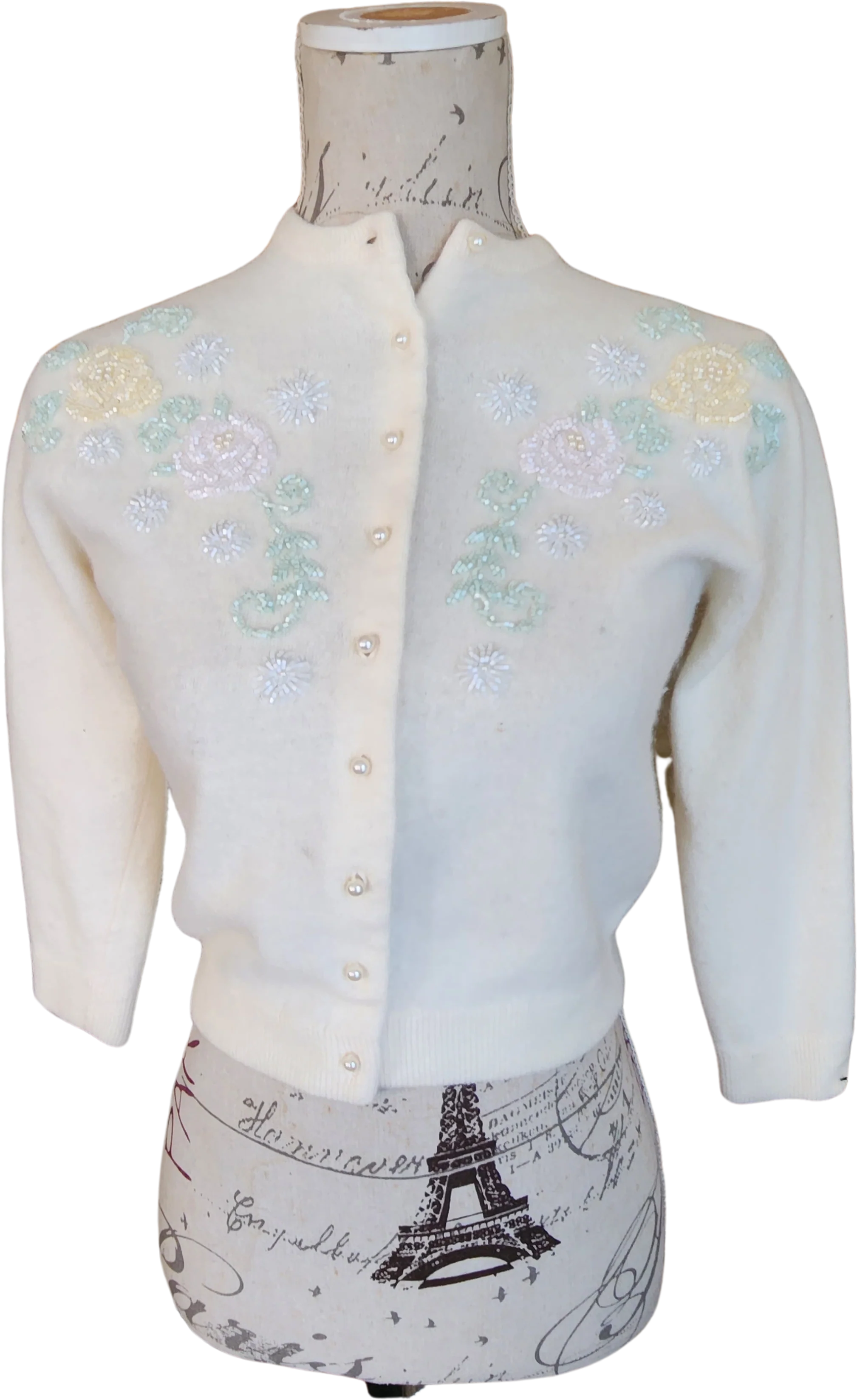 50s White Wool Cardigan With Pastel Beading