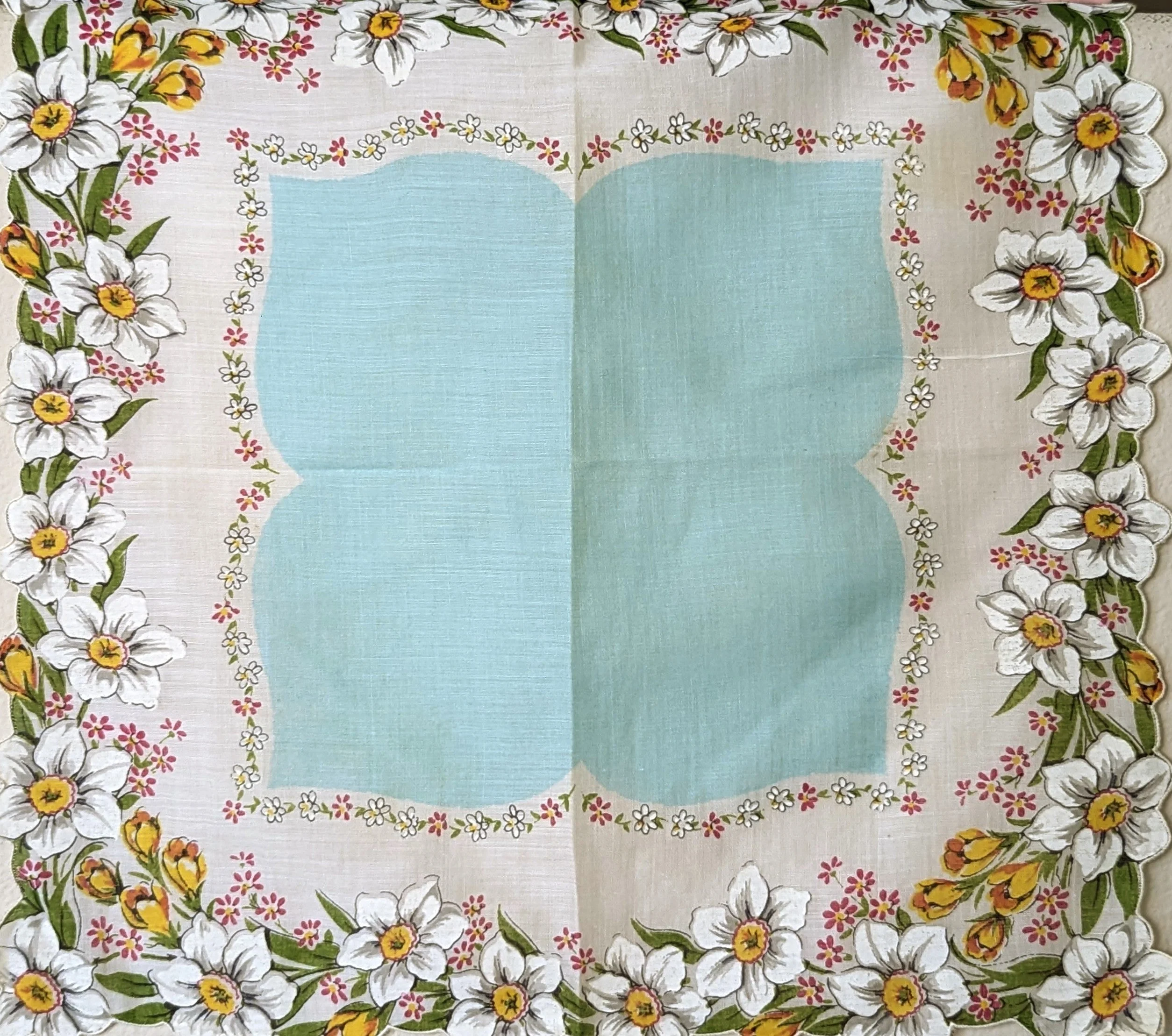 50s "wild Dogwood In Bloom" Blue Yellow and White Scarf Handkerchief with Hand Rolled Edge - Image 2