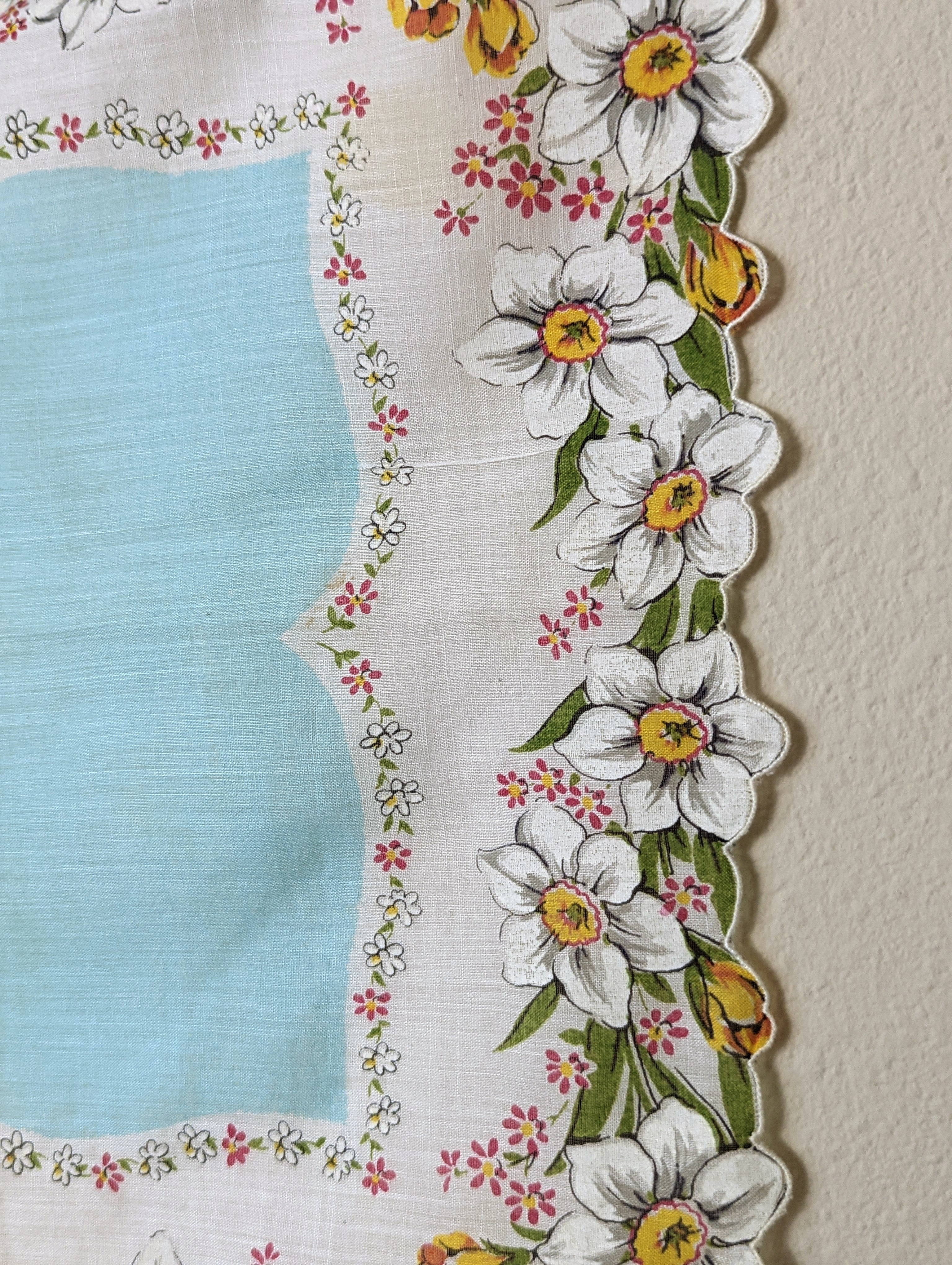 50s "wild Dogwood In Bloom" Blue Yellow and White Scarf Handkerchief with Hand Rolled Edge - Image 3