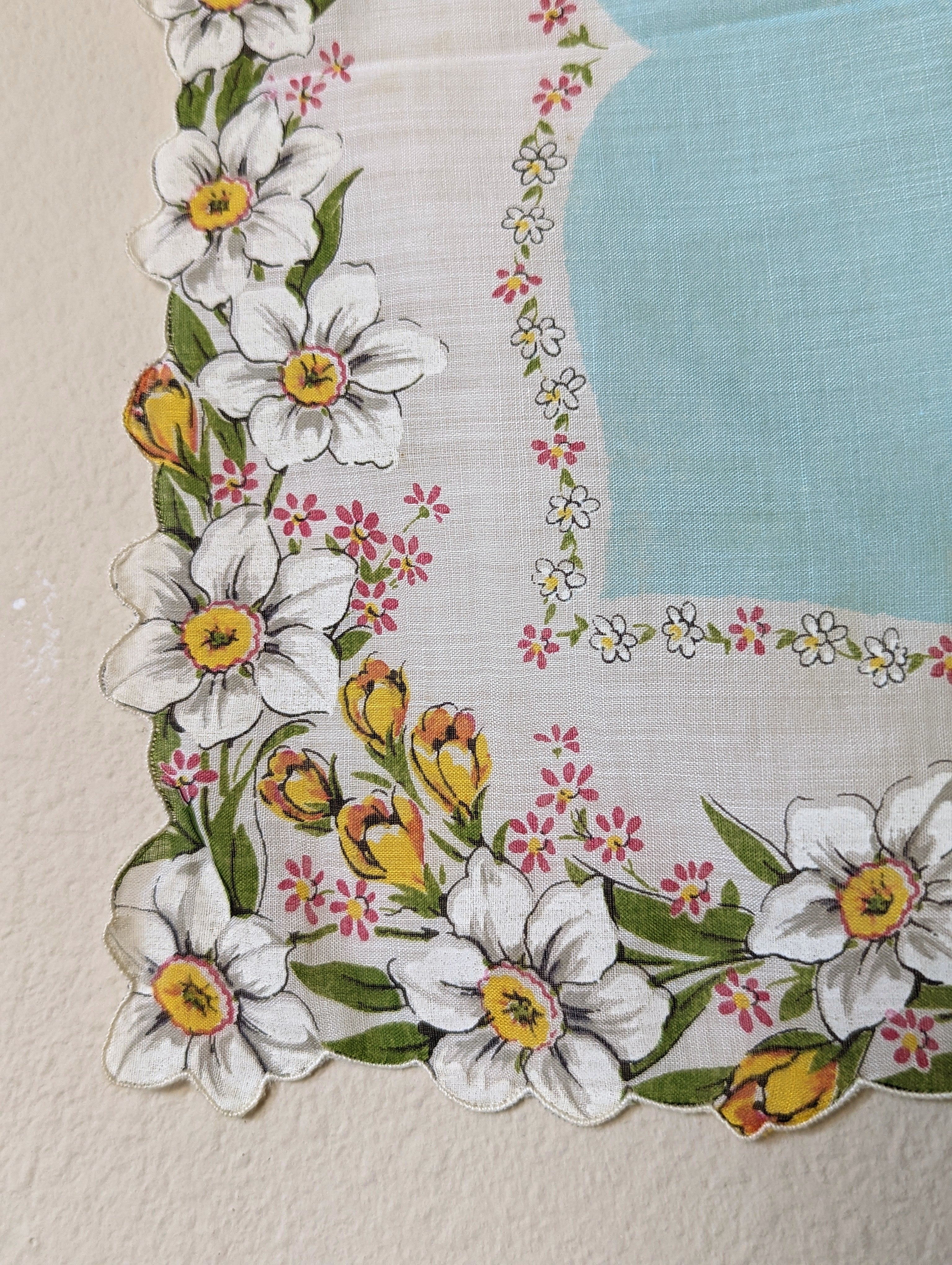 50s "wild Dogwood In Bloom" Blue Yellow and White Scarf Handkerchief with Hand Rolled Edge - Image 4