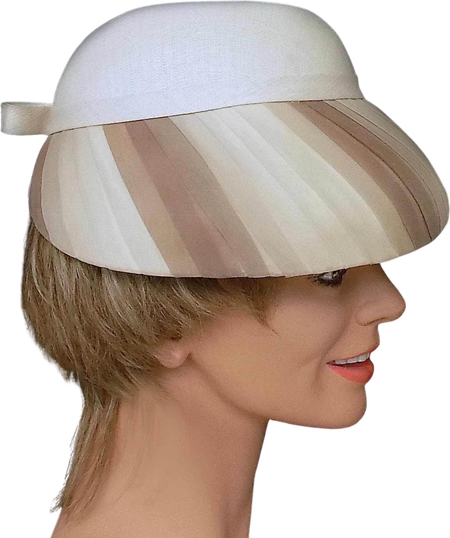 50s Woman's Dome Hat In Beige with Sheer Ribbons Hard Straw Crown and Rear Accent Lucy Atomic Mcm Mad Men