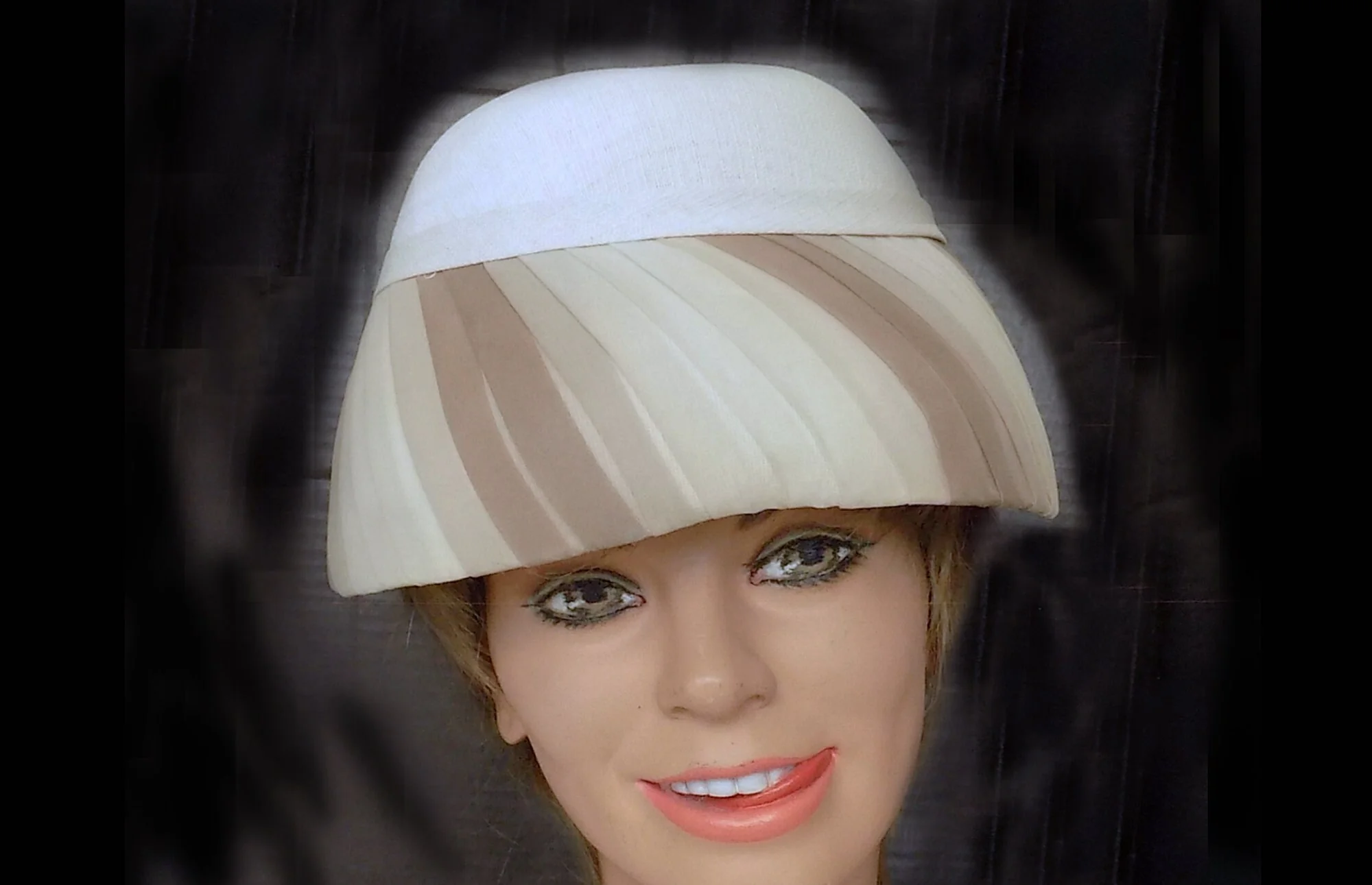 50s Woman's Dome Hat In Beige with Sheer Ribbons Hard Straw Crown and Rear Accent Lucy Atomic Mcm Mad Men - Image 3