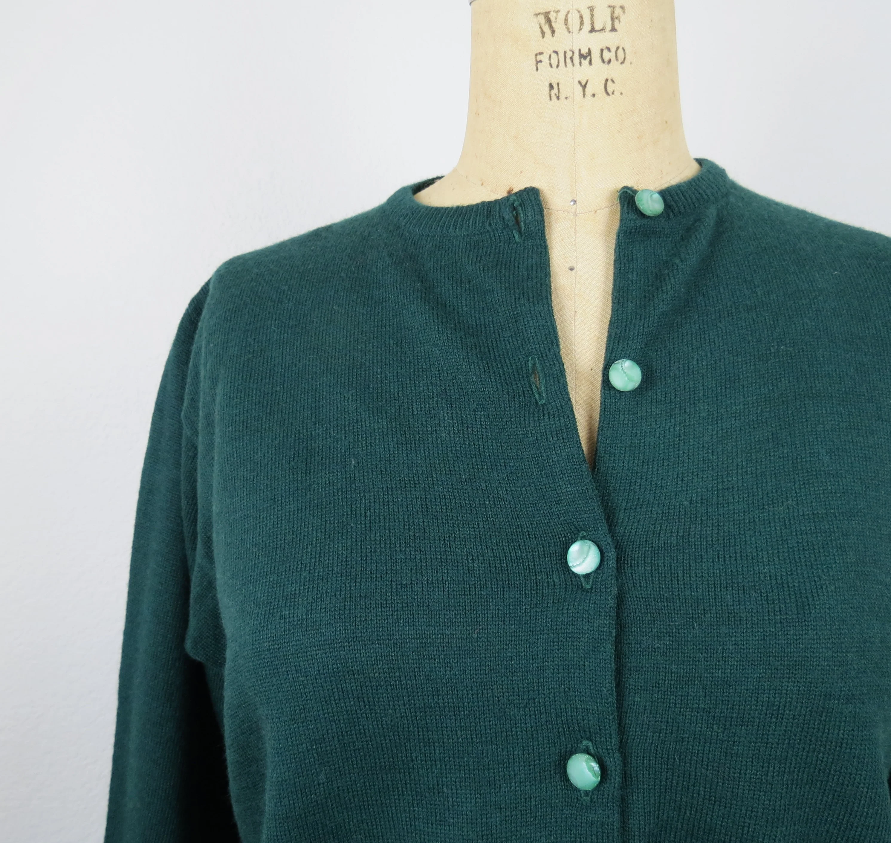 50s Wool Cardigan Sweater Green, Dark Academia By Kandel - Image 3