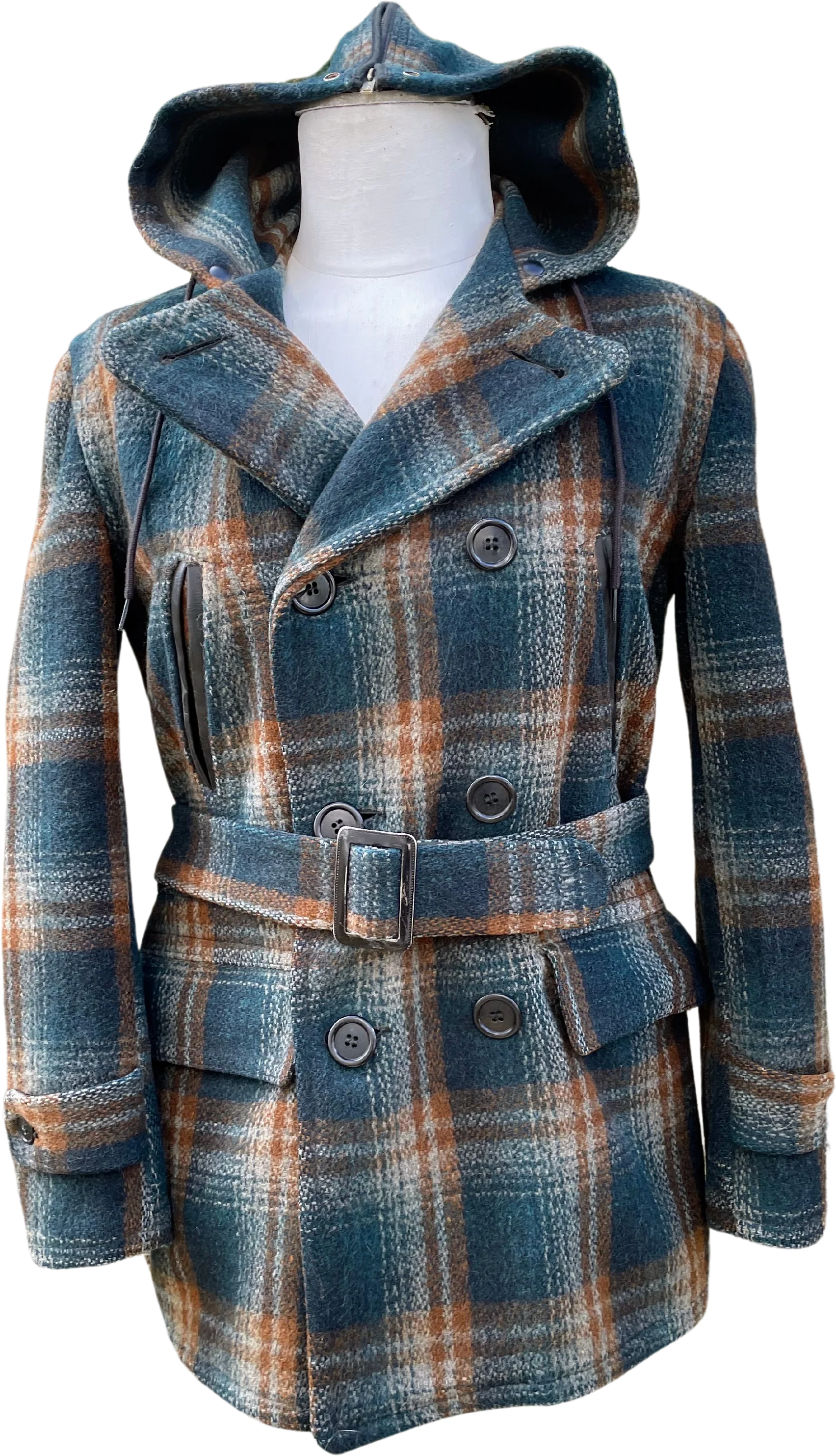 50s Wool Plaid Jacket Double Breasted,belted Hood By Knopf