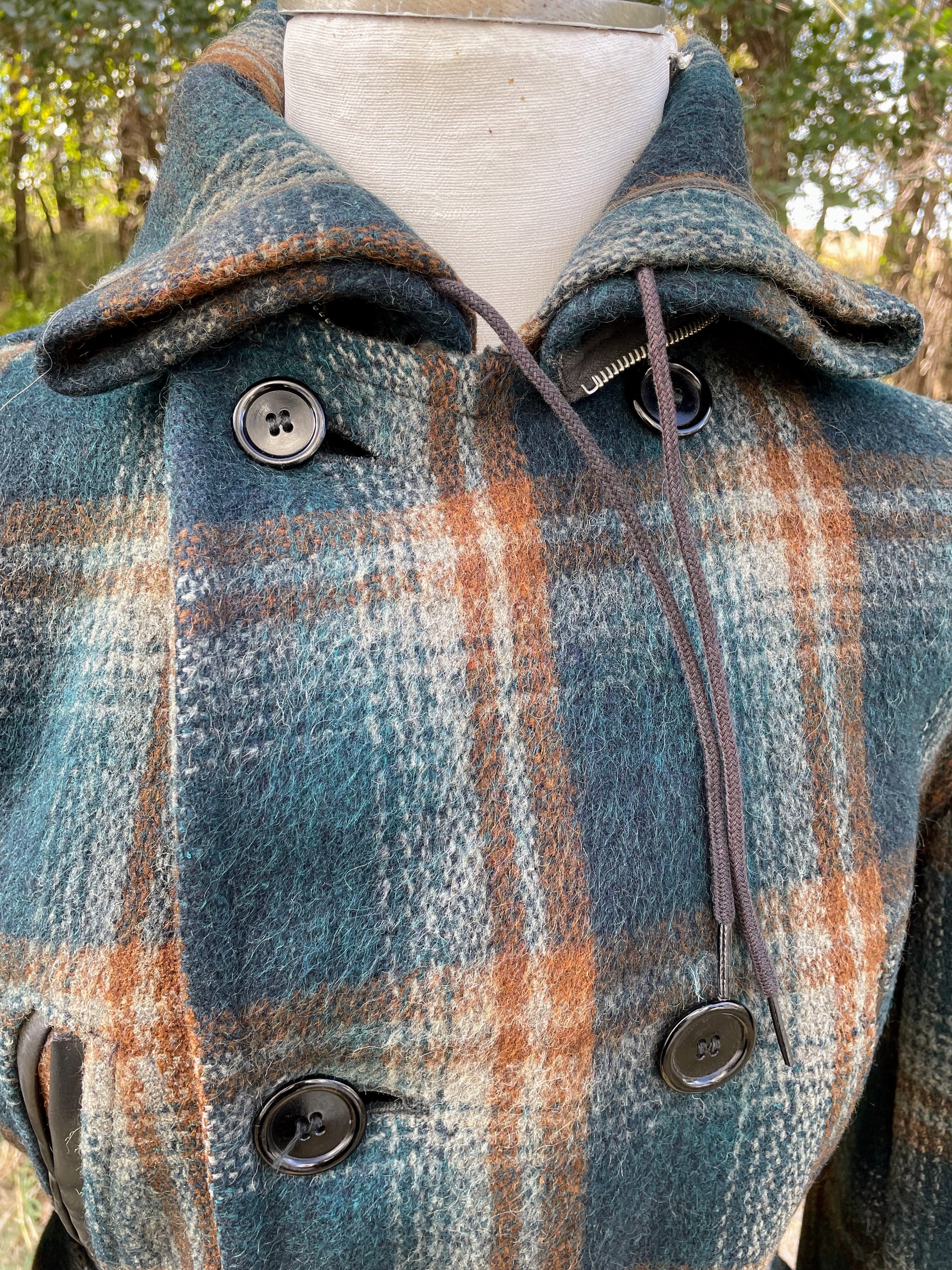 50s Wool Plaid Jacket Double Breasted,belted Hood By Knopf - Image 7