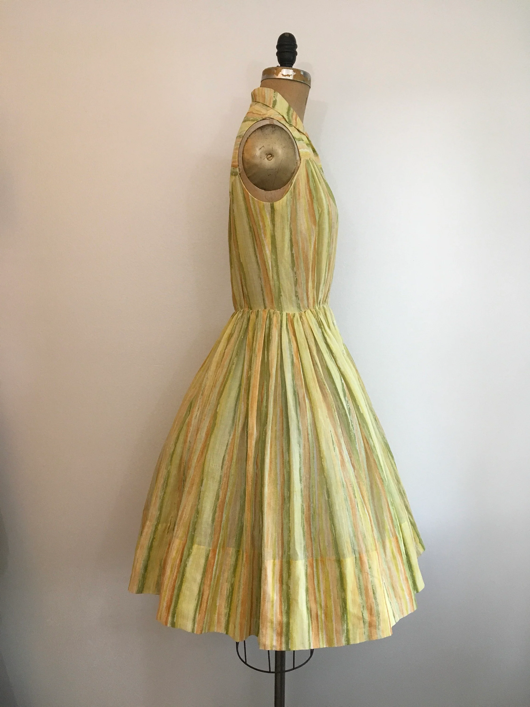 50's Yellow and Multicolor Striped Sleeveless Shirt Dress - Image 3