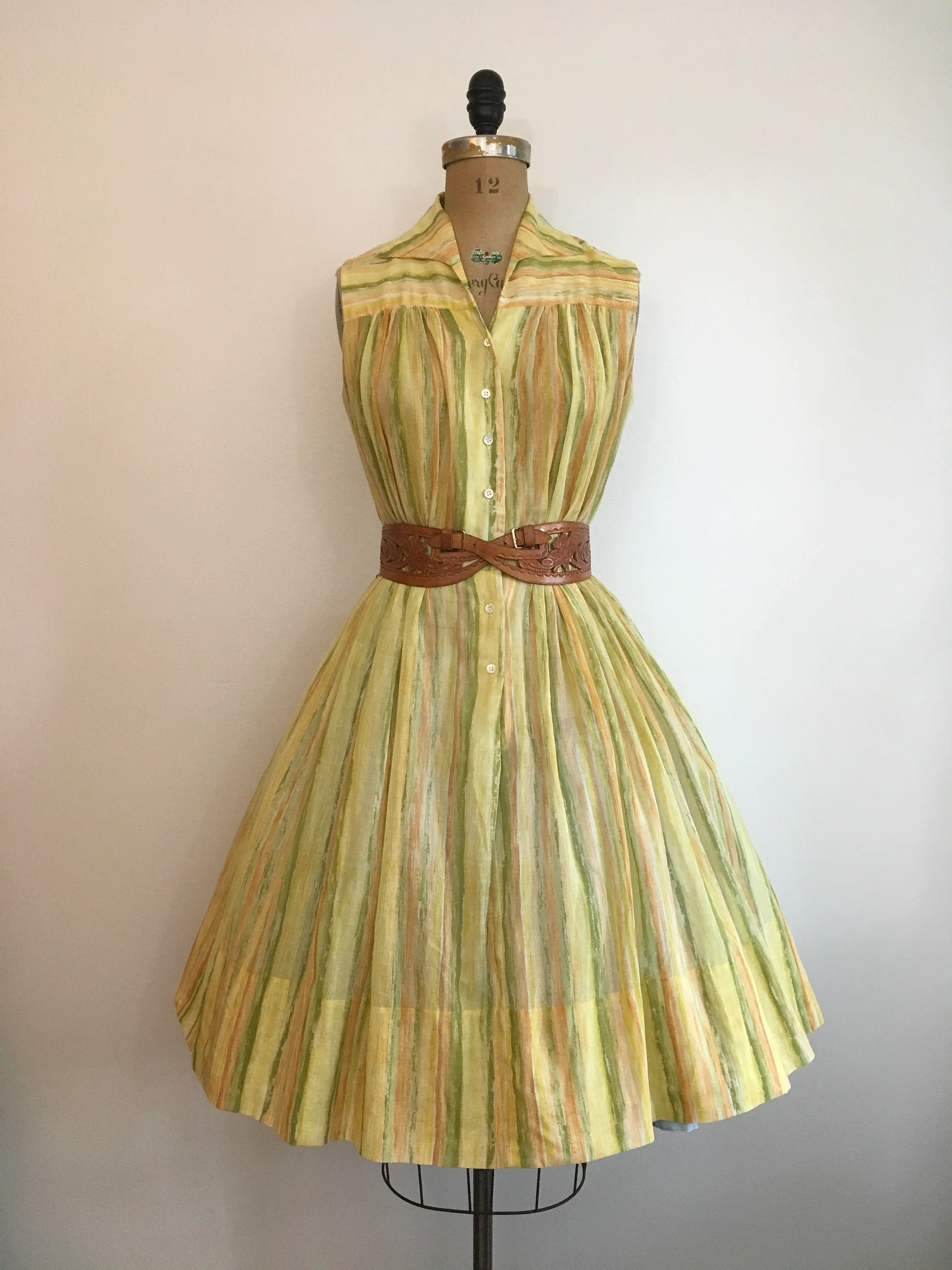 50's Yellow and Multicolor Striped Sleeveless Shirt Dress - Image 4