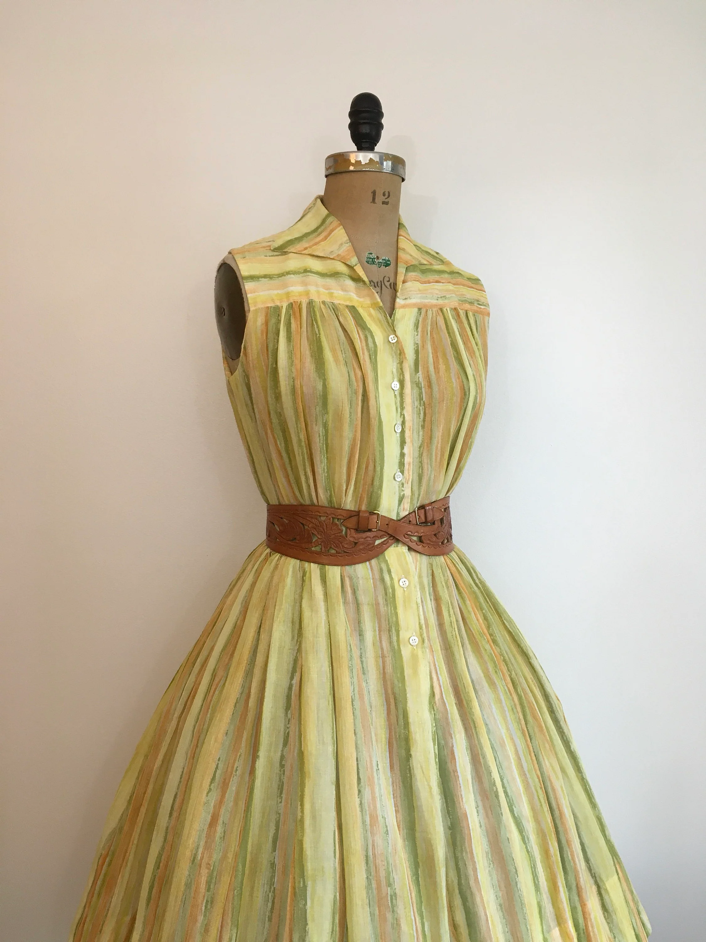 50's Yellow and Multicolor Striped Sleeveless Shirt Dress - Image 5
