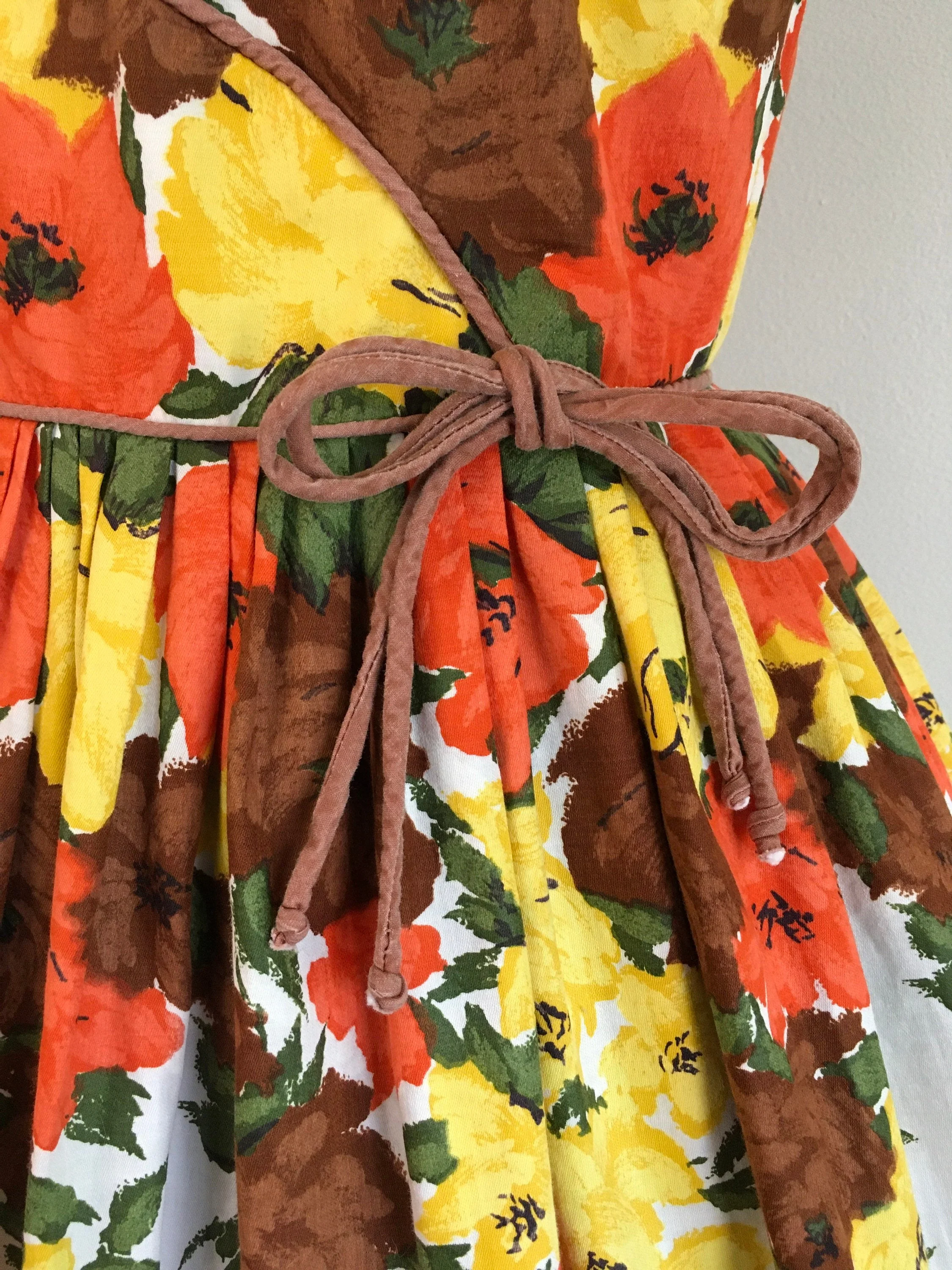 50's Yellow and Orange Border Print Floral Novelty Dress - Image 5