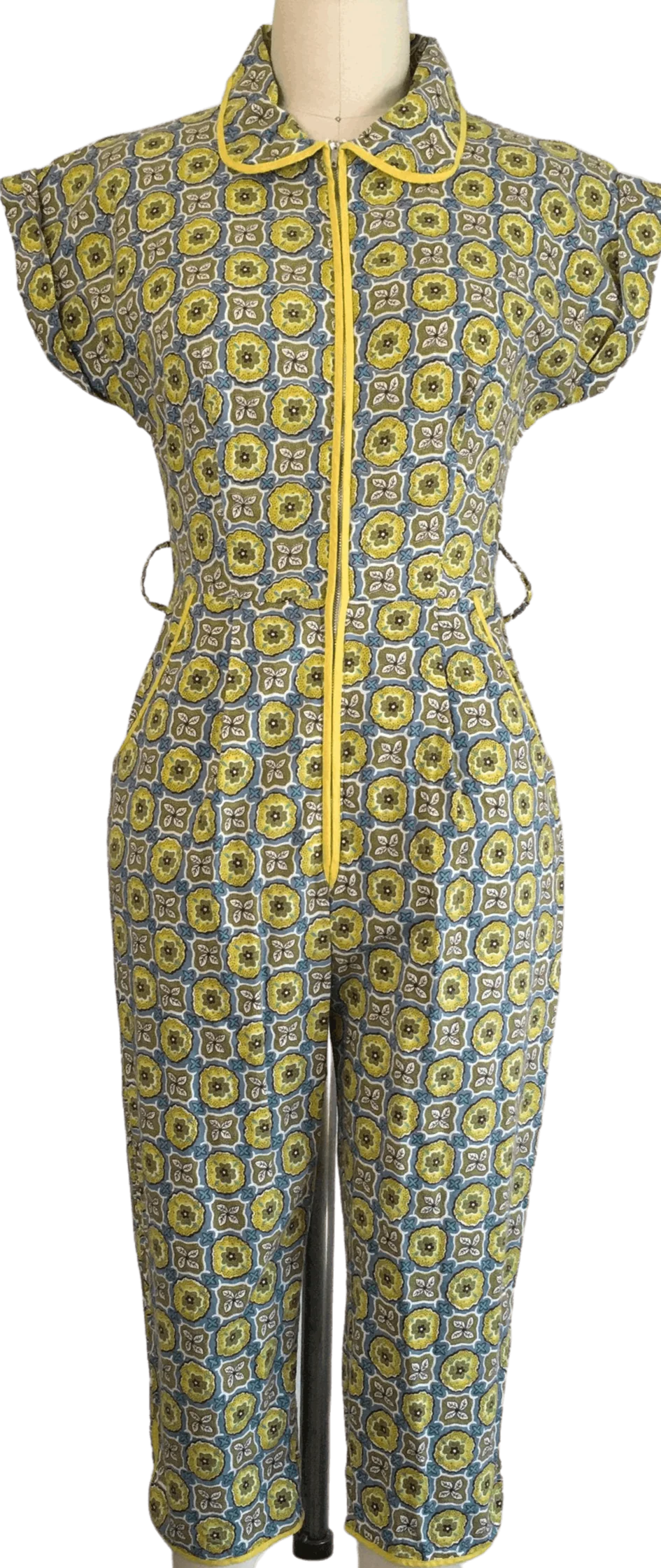 50's Yellow Printed Zip Front Jumpsuit