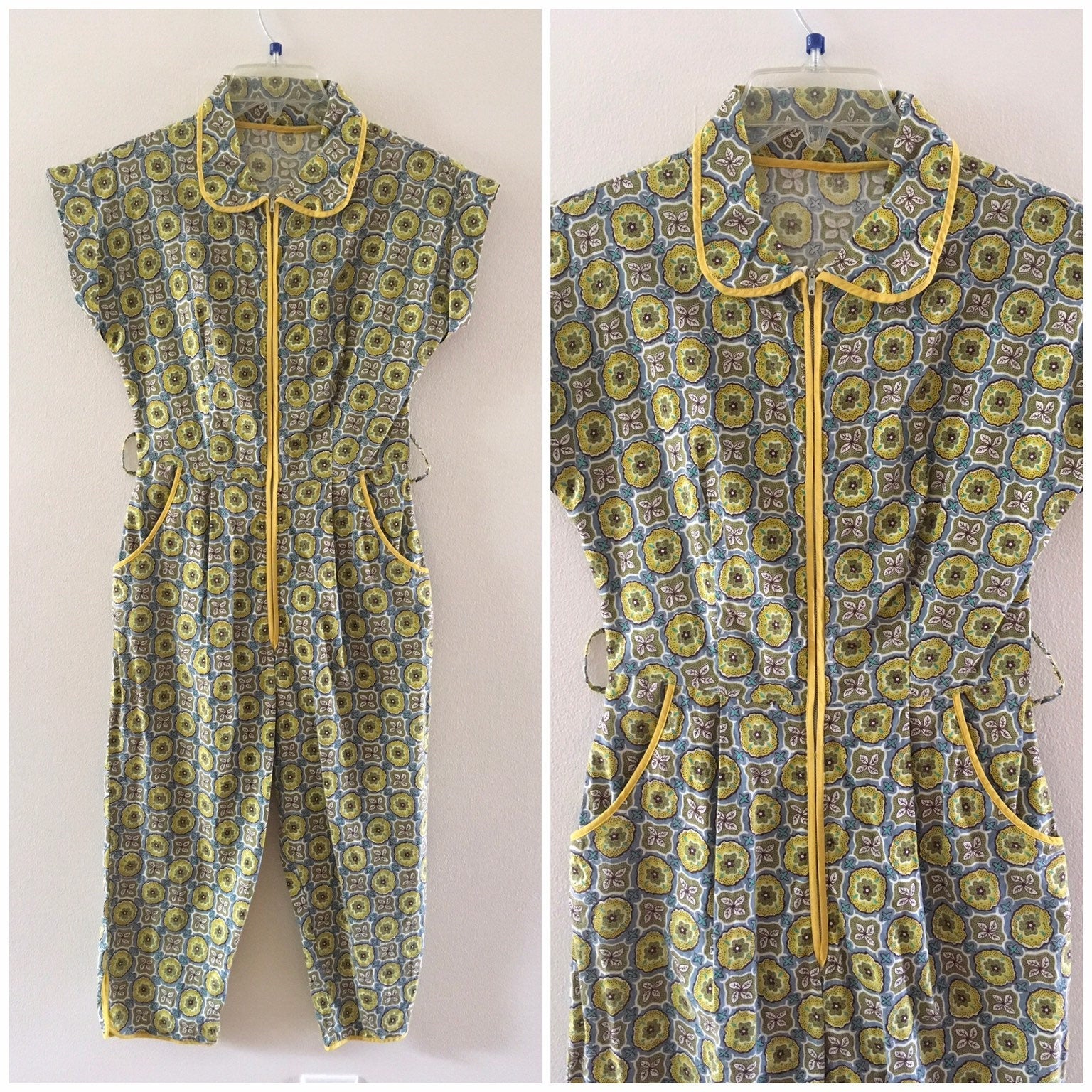 50's Yellow Printed Zip Front Jumpsuit - Image 6