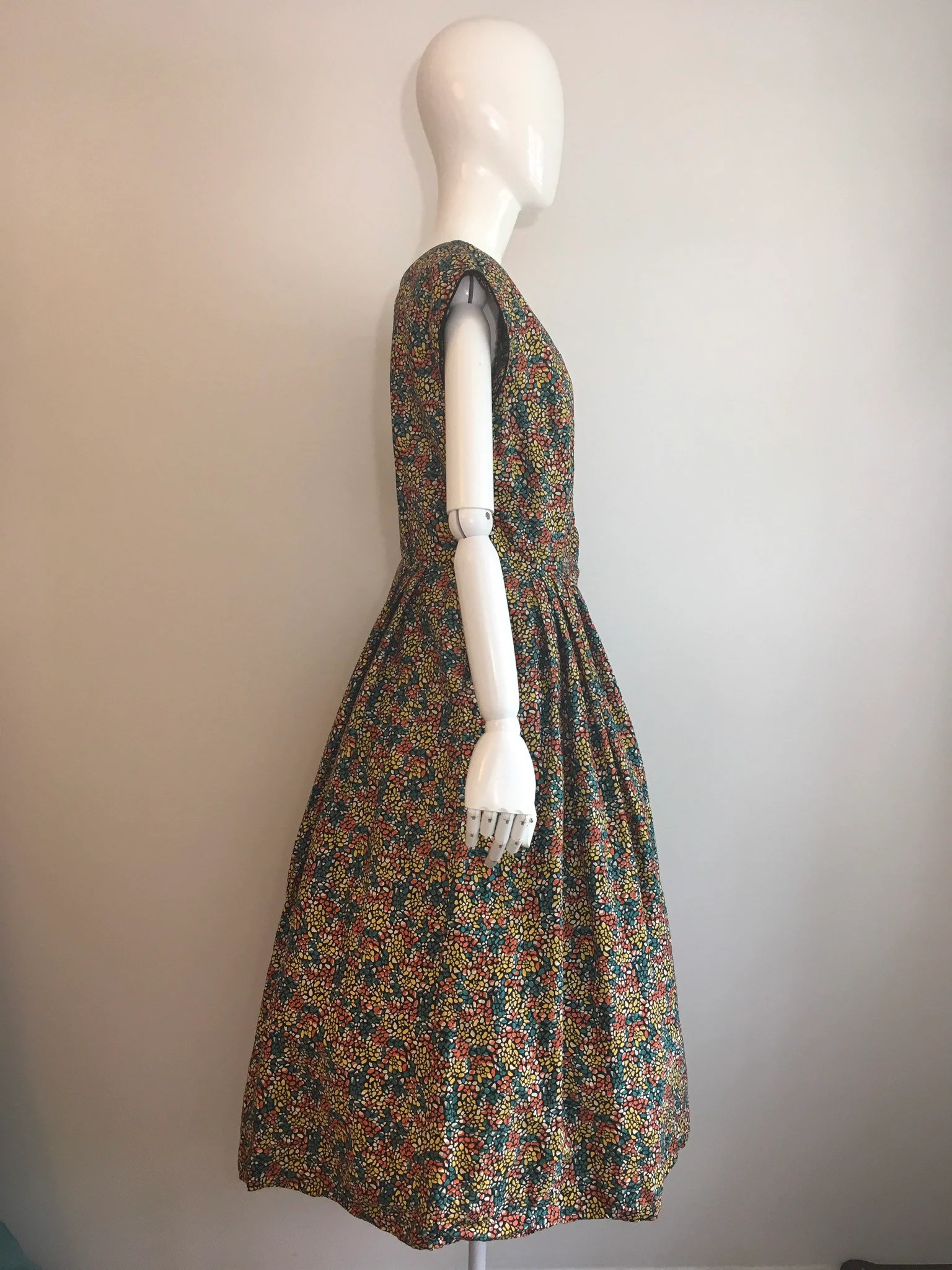 50's Zip Front Multicolor Stained Glass Print Dress by Kay Whitney - Image 3