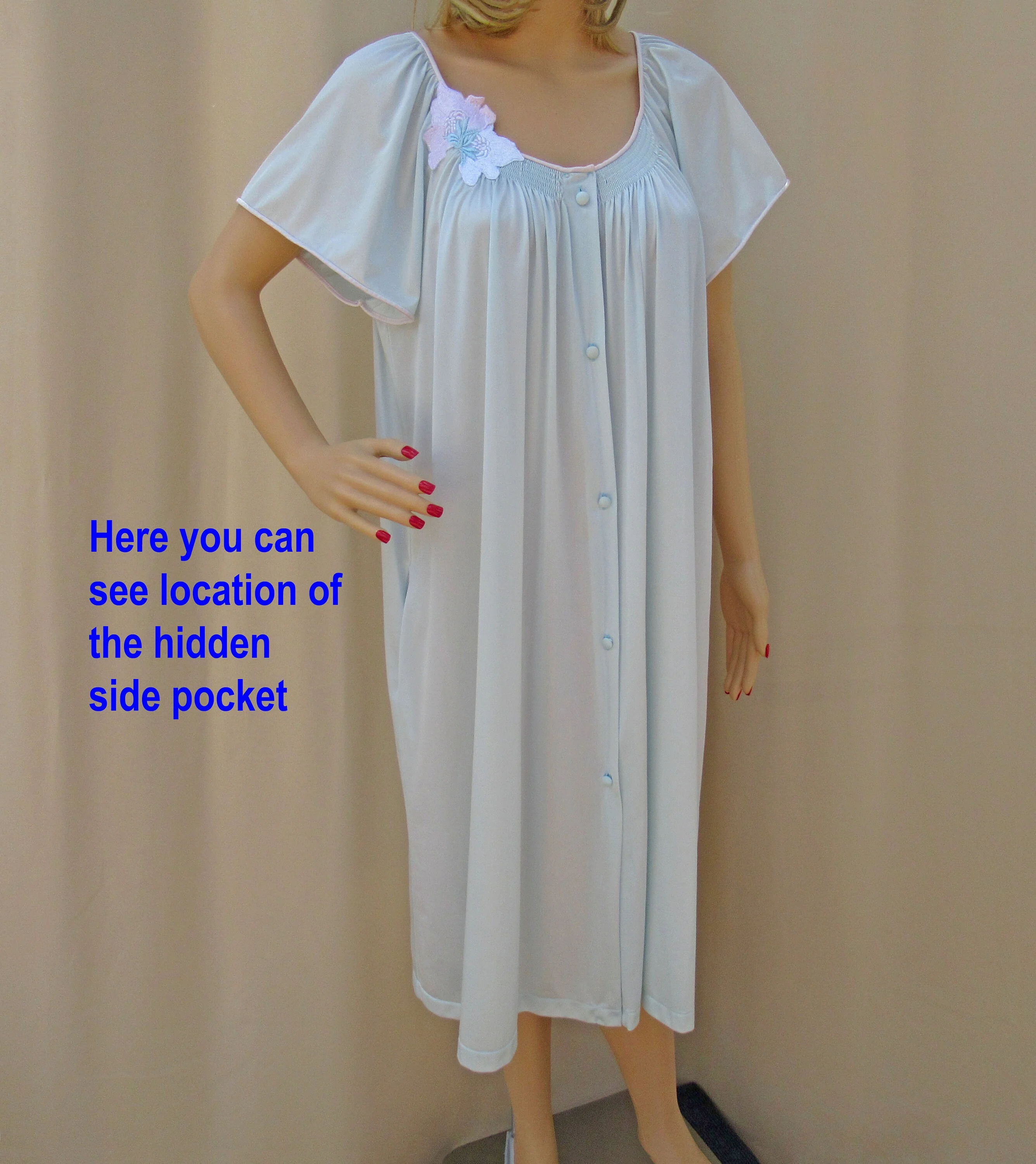 54 Bust Robe Knee Length Button Front Short Sleeve Pastel Blue Nylon Pretty Pastel Floral Applique On Smocked Yoke, Made In Usa by Vandemere - Image 9