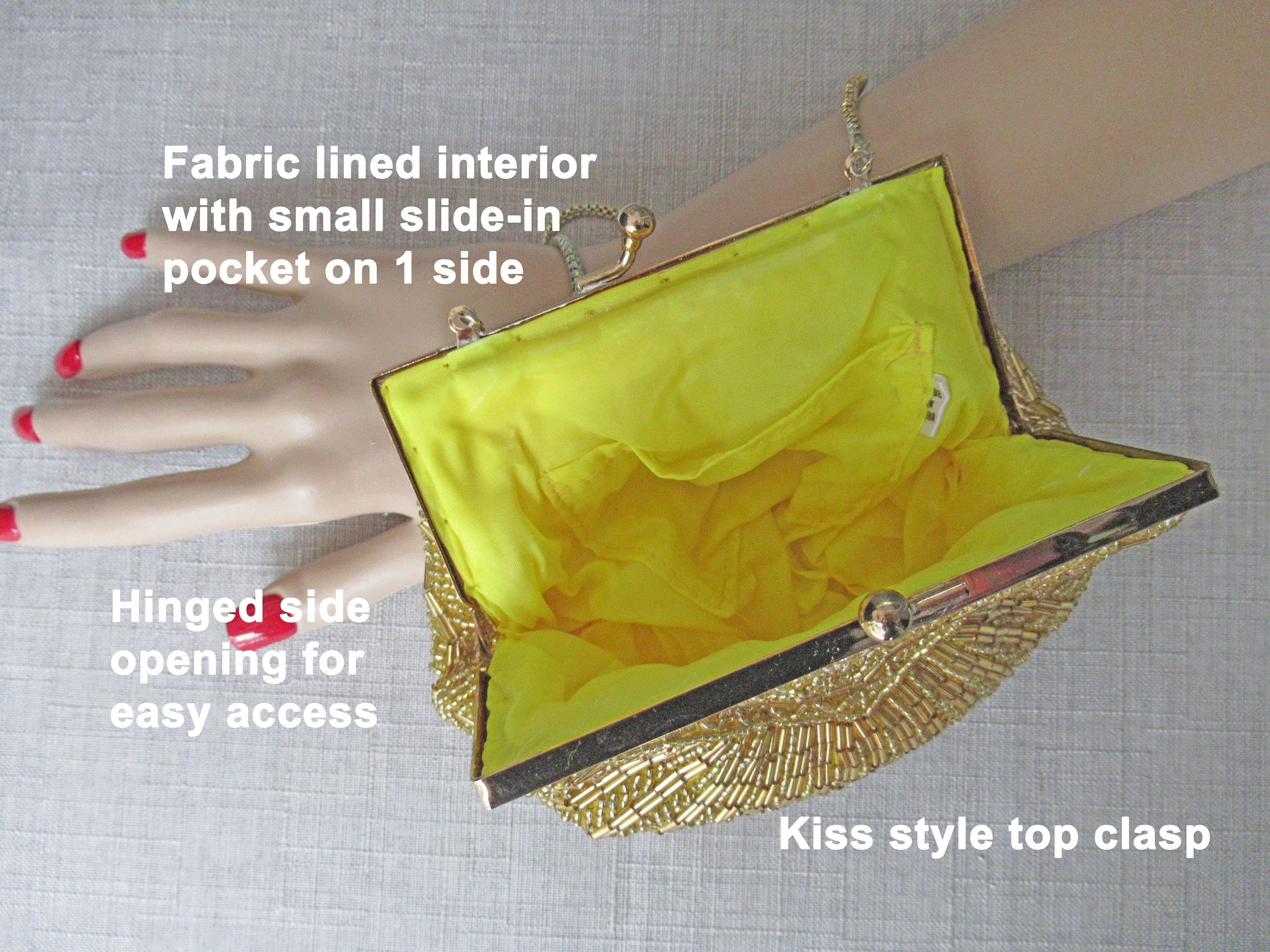 6. 5 X 5. 5 Beaded Bag Seashell Design Bugle / Seed Beads In Gold Evening Glam Hand Made China Short Chain Strap Kiss Style Clasp Vtg - Image 2