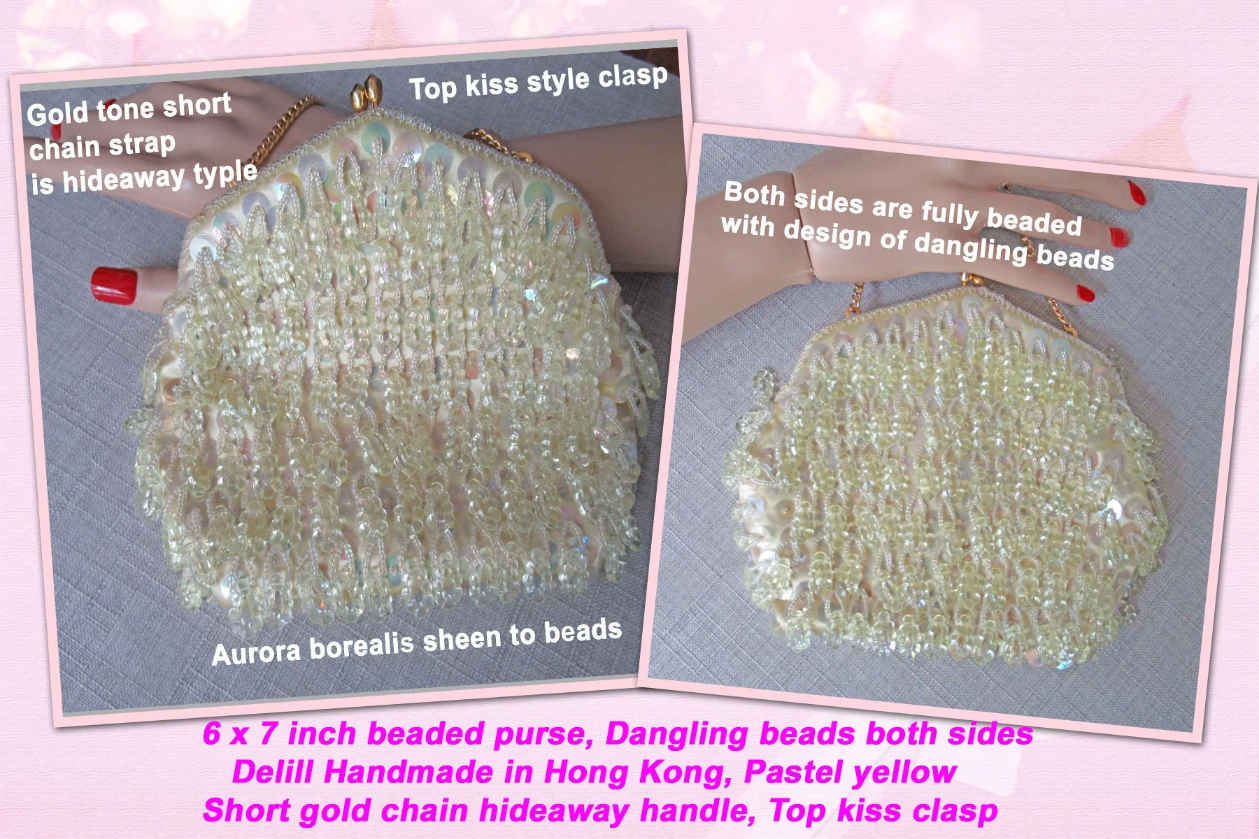 6 X 7 Inch Beaded Purse Dangling Beads Delill Handmade In Hong Kong Pastel Yellow Short Gold Chain Hideaway Handle Top Kiss Clasp Vtg - Image 2
