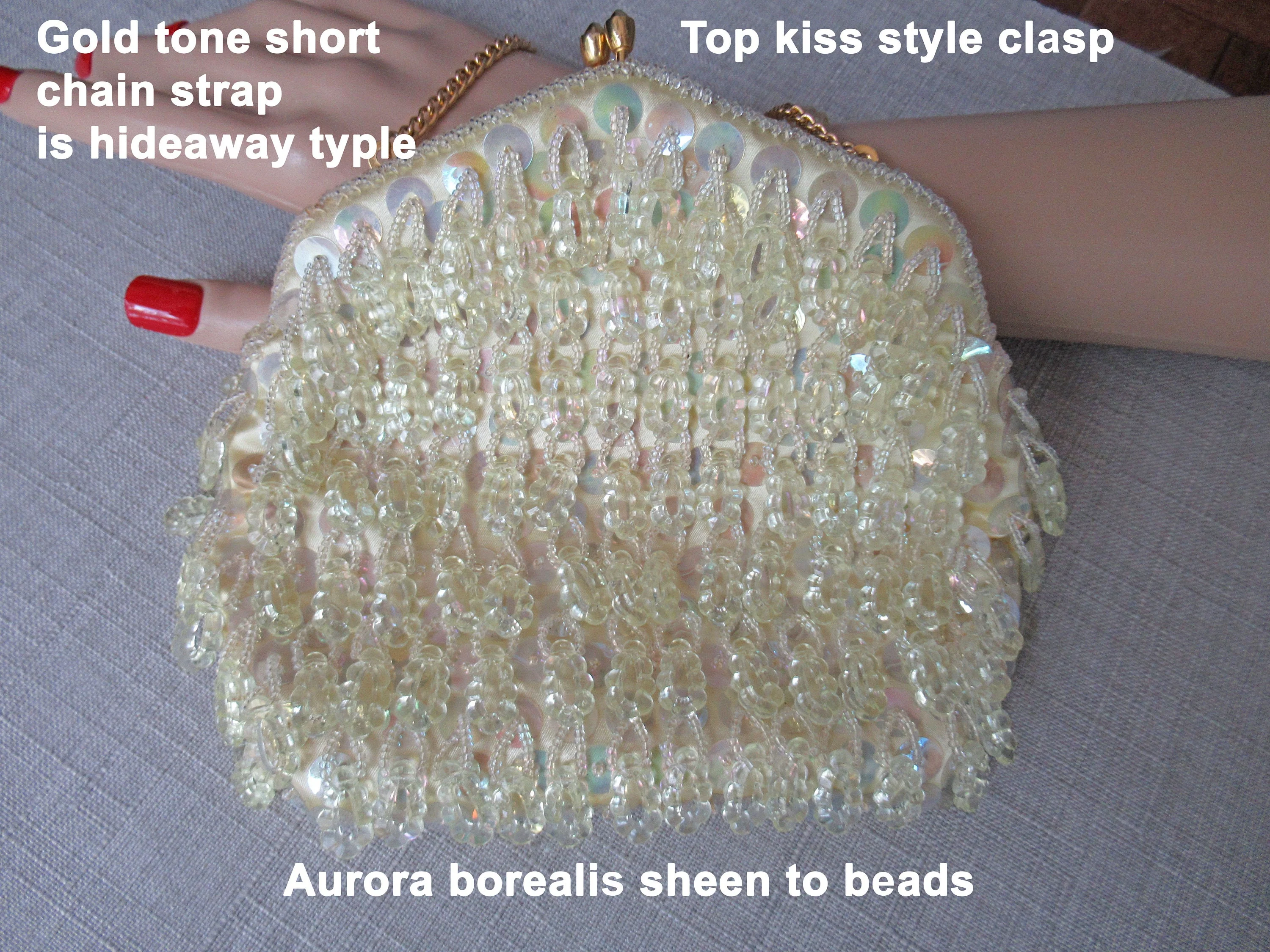 6 X 7 Inch Beaded Purse Dangling Beads Delill Handmade In Hong Kong Pastel Yellow Short Gold Chain Hideaway Handle Top Kiss Clasp Vtg - Image 4