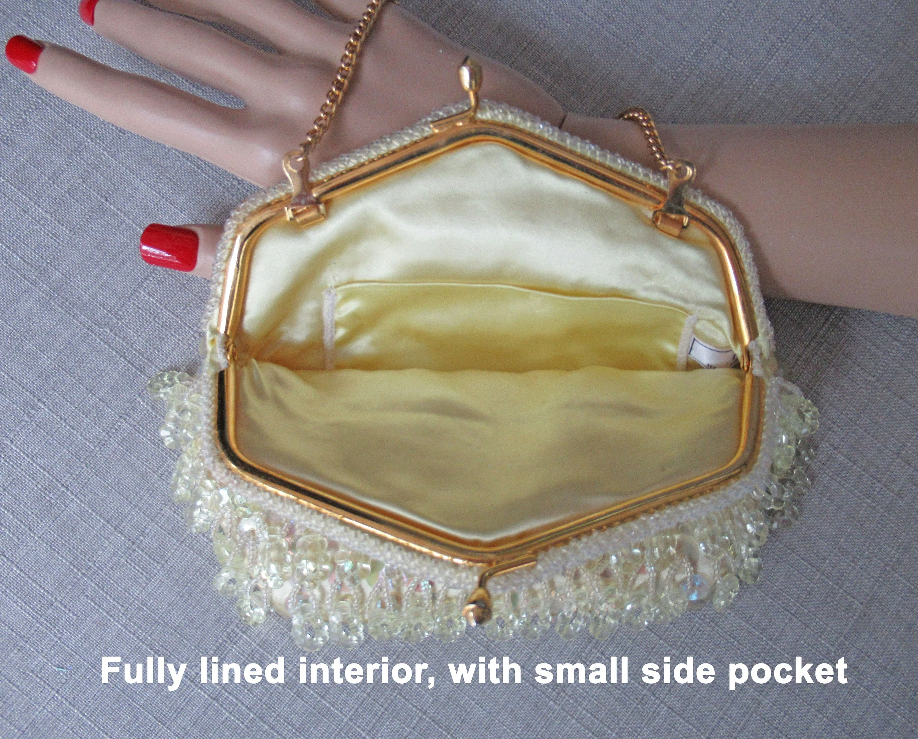 6 X 7 Inch Beaded Purse Dangling Beads Delill Handmade In Hong Kong Pastel Yellow Short Gold Chain Hideaway Handle Top Kiss Clasp Vtg - Image 5