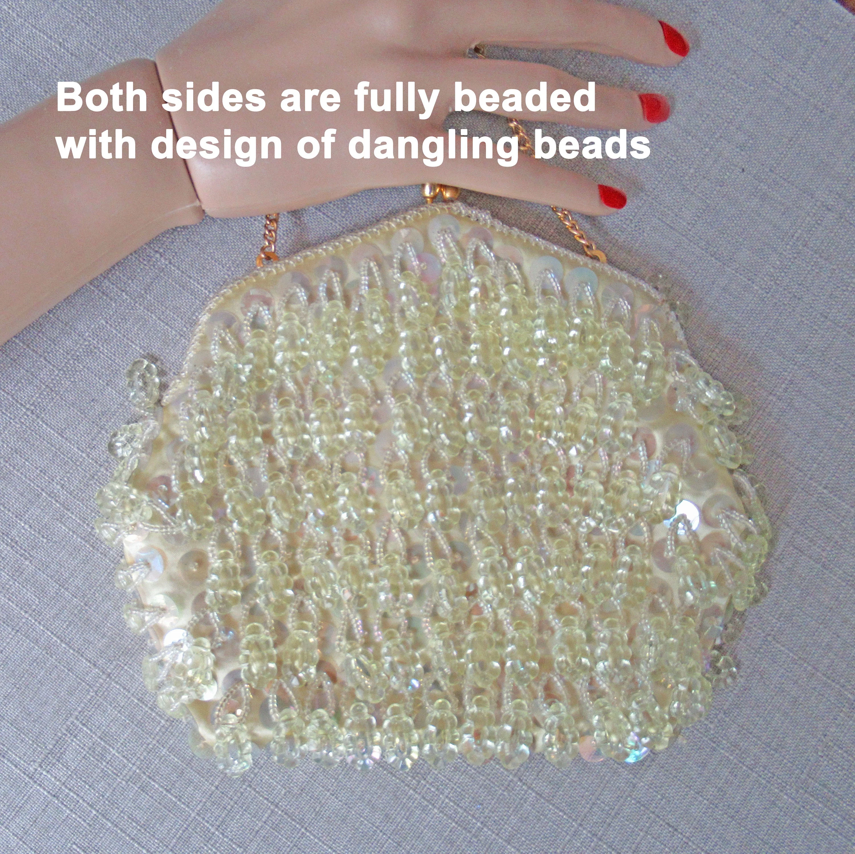 6 X 7 Inch Beaded Purse Dangling Beads Delill Handmade In Hong Kong Pastel Yellow Short Gold Chain Hideaway Handle Top Kiss Clasp Vtg - Image 7