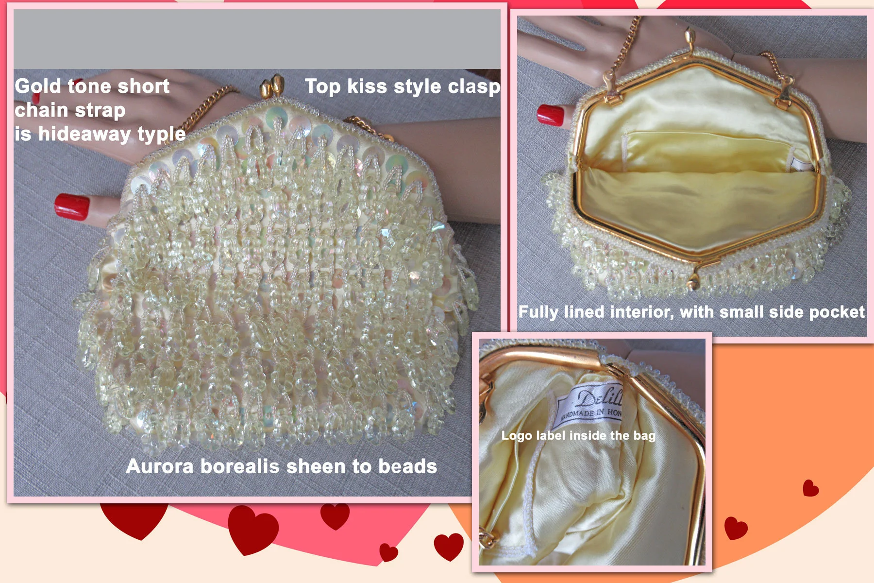 6 X 7 Inch Beaded Purse Dangling Beads Delill Handmade In Hong Kong Pastel Yellow Short Gold Chain Hideaway Handle Top Kiss Clasp Vtg - Image 8