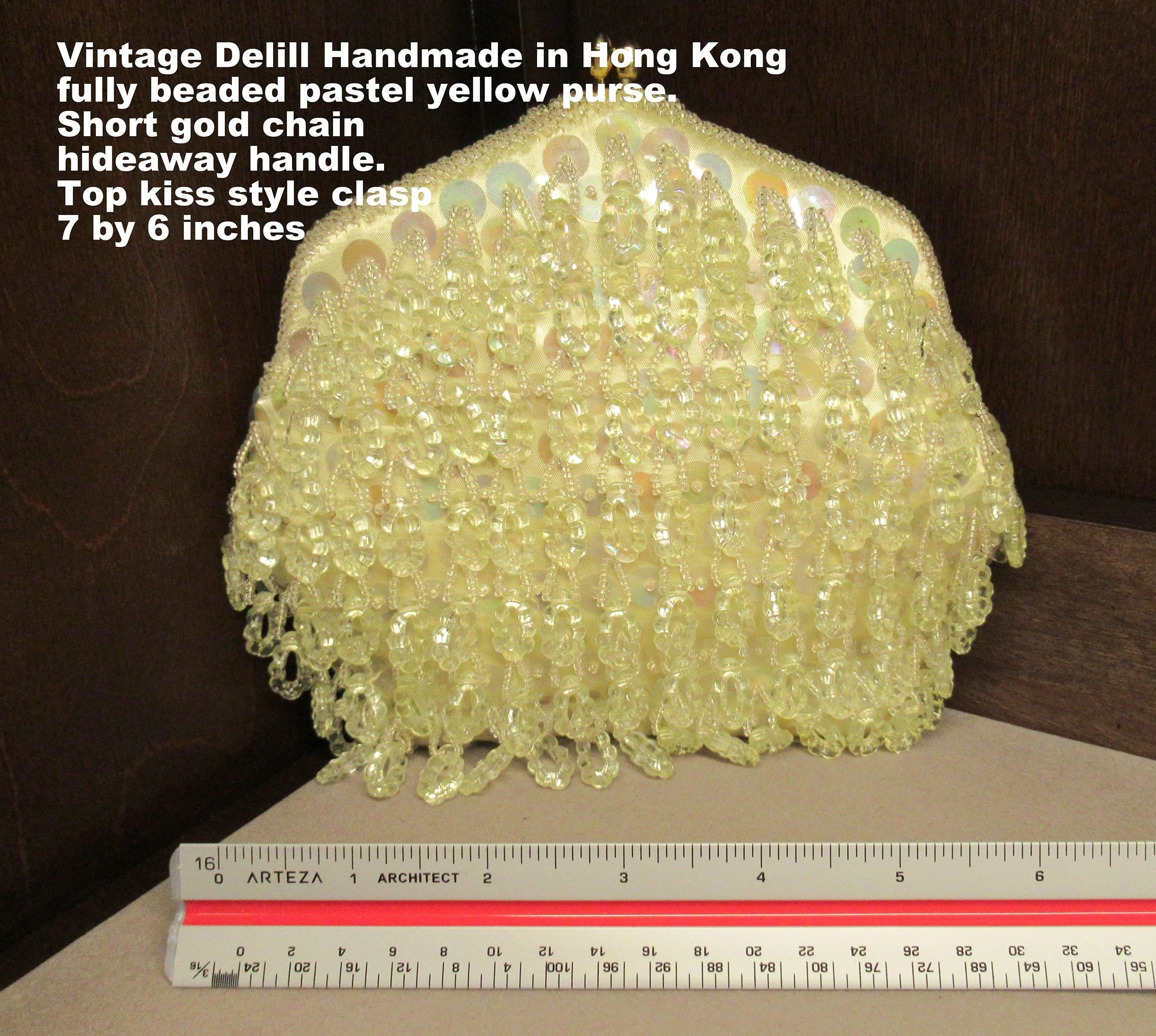 6 X 7 Inch Beaded Purse Dangling Beads Delill Handmade In Hong Kong Pastel Yellow Short Gold Chain Hideaway Handle Top Kiss Clasp Vtg - Image 9