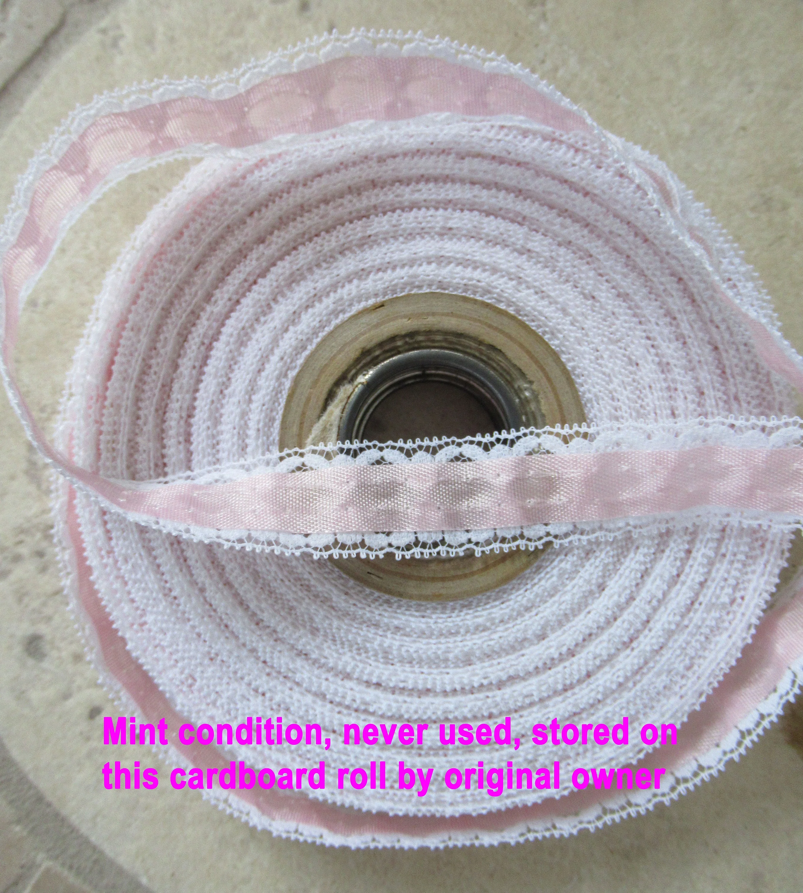 6 Yard Piece Satin Ribbon 1/2 Inch Wide Sheer White / Pink Sheer Lace Continuous Piece Feminine Lovely for Trims Dresses Crafts Vtg - Image 4