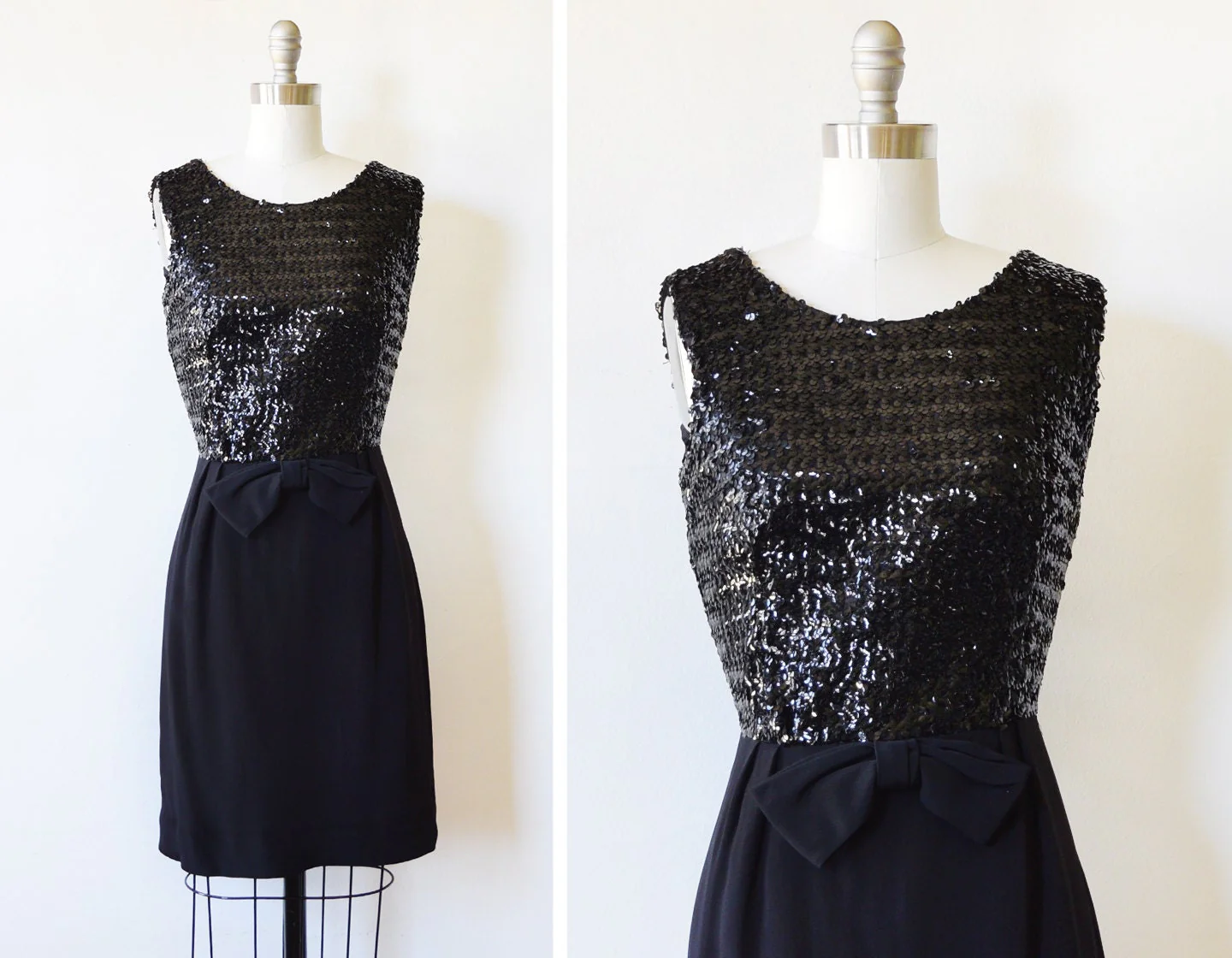 60 Black Sequin Dress Vintage 60s Cocktail Party Dress with Bow, Mid Century Little Black Dress, Small by Kabro of Houston - Image 2