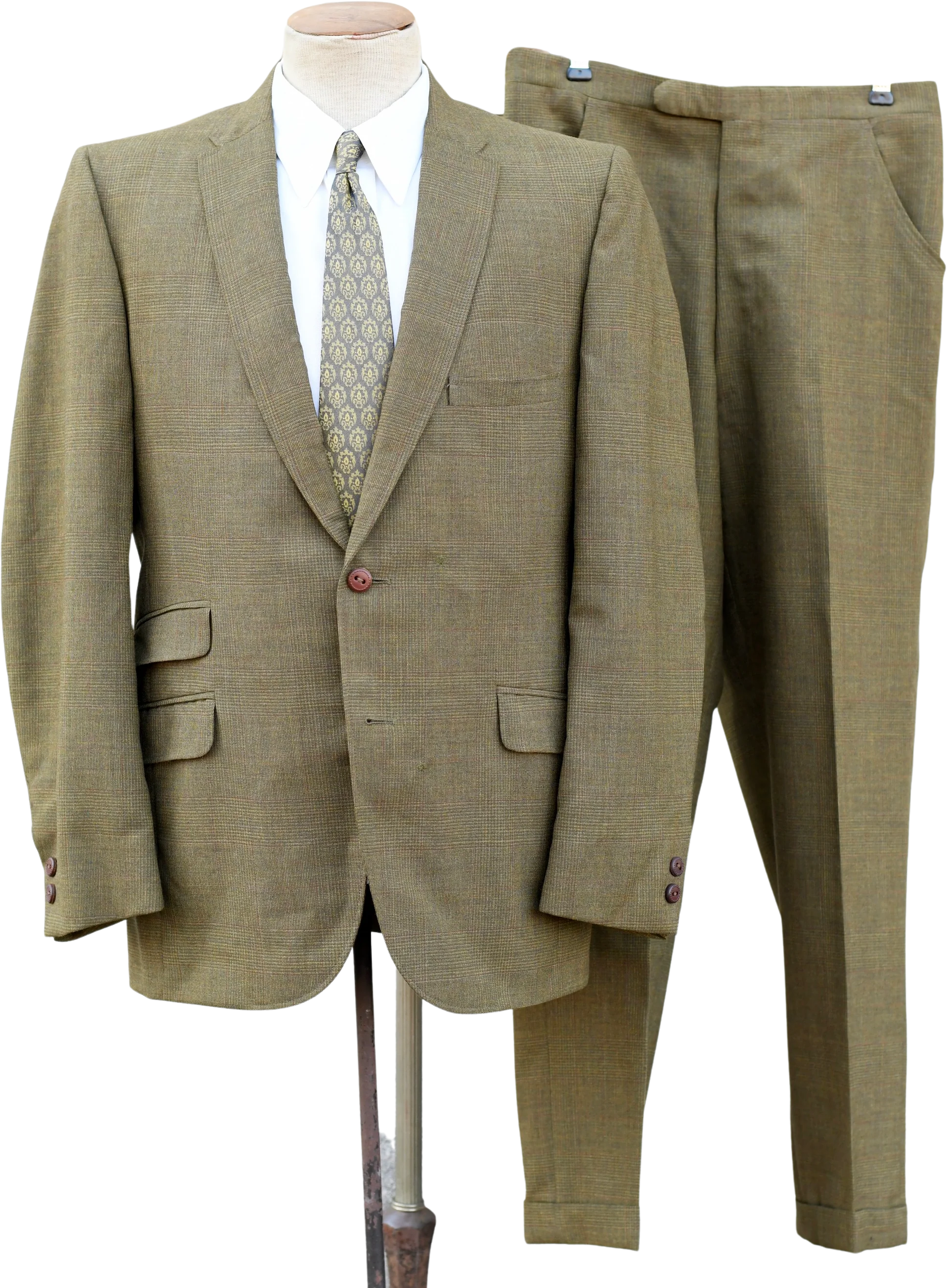 60s 40r Green Brown Plaid Single Breasted Mod Suit By Tempo