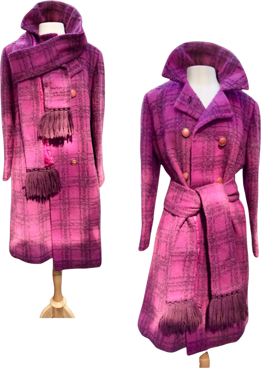 60s 60s Pink Magenta Plaid Coat Matching Scarf By Betty Rose - Image 2