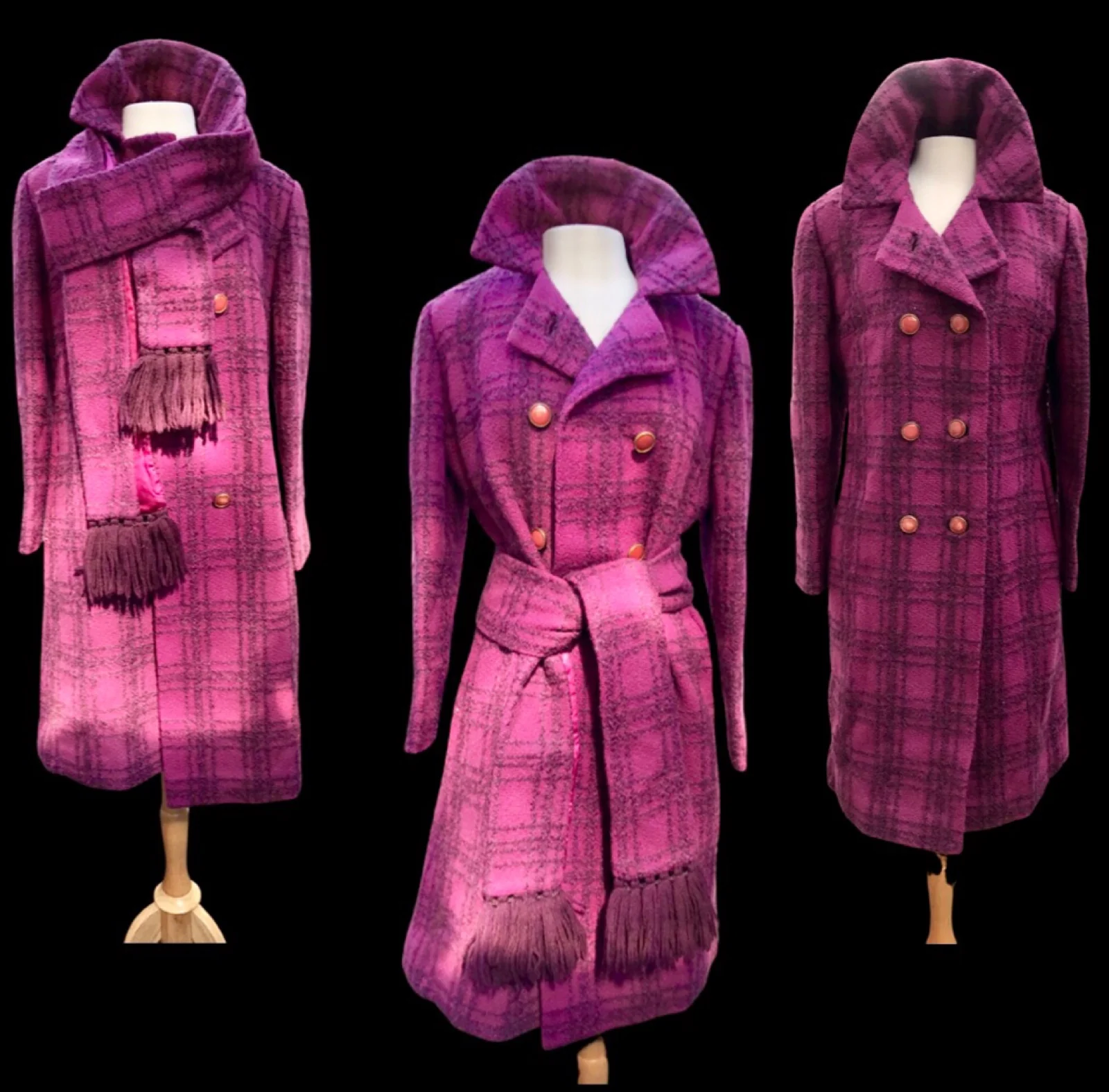 60s 60s Pink Magenta Plaid Coat Matching Scarf By Betty Rose - Image 3