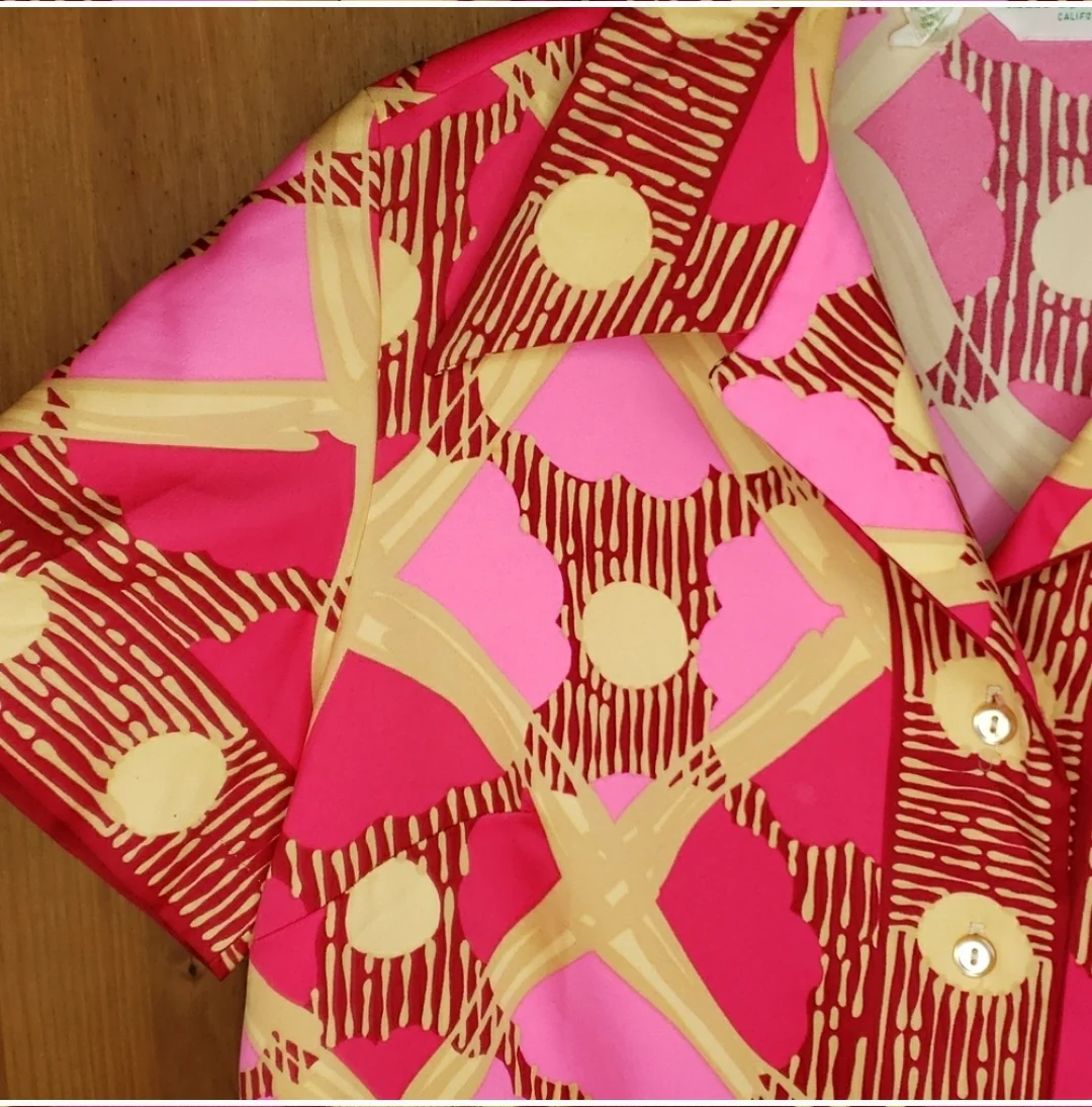 60s/70s Alex Coleman Bright Pink Tan Print Button Up Shirt By Alex Coleman - Image 6