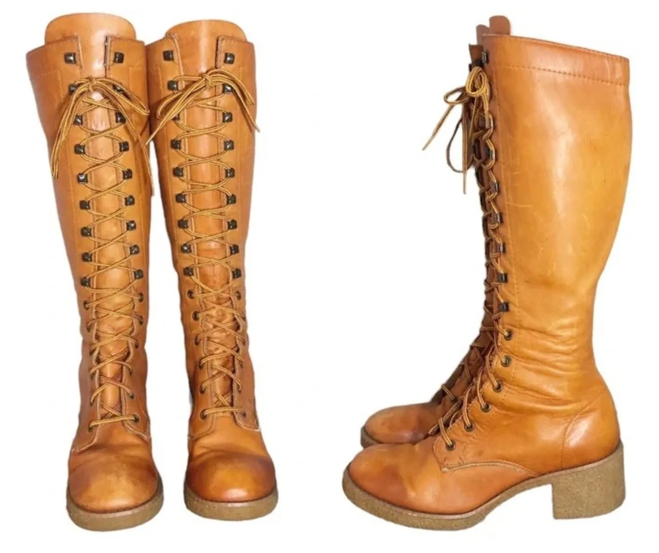60s/70s Amazing 70s Penny Lane Lace Up Campus Hippy Boots By Penny Lane Tall Leather Lace Up Gum Sole Boots - Image 4