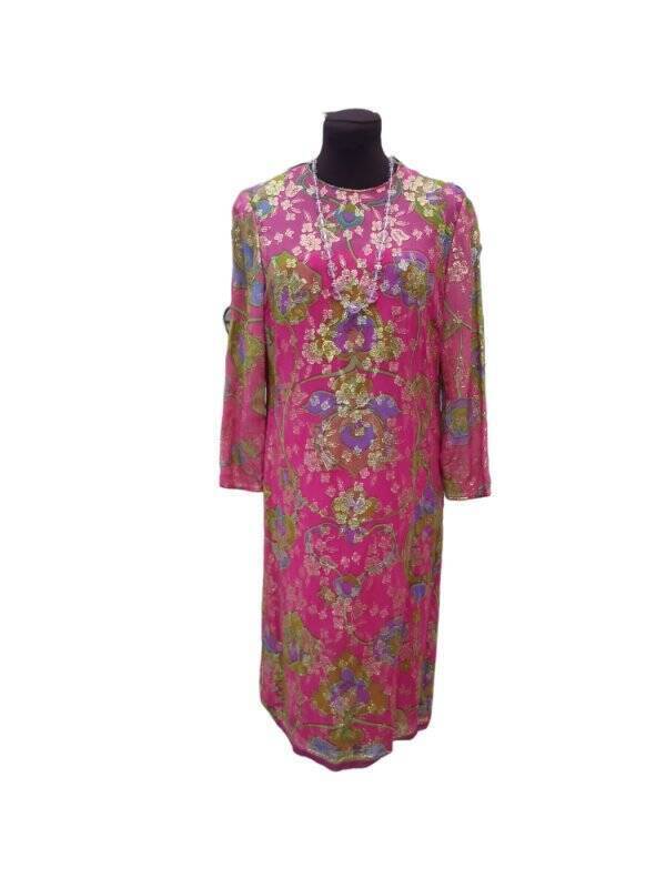 60s/70s Amazing Pink Gold Metallic Shift Dress Designer By Claire Pearone - Image 5