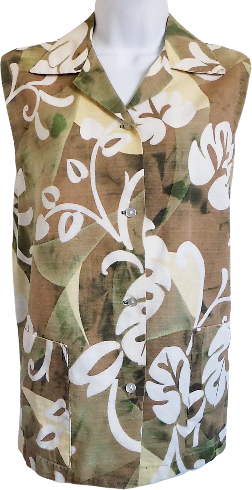 60s 70s Bark Cloth Sleeveless Blouse by Richard Douglas Large Pockets Tie Dyed Side Slits Cotton by Richard Douglas
