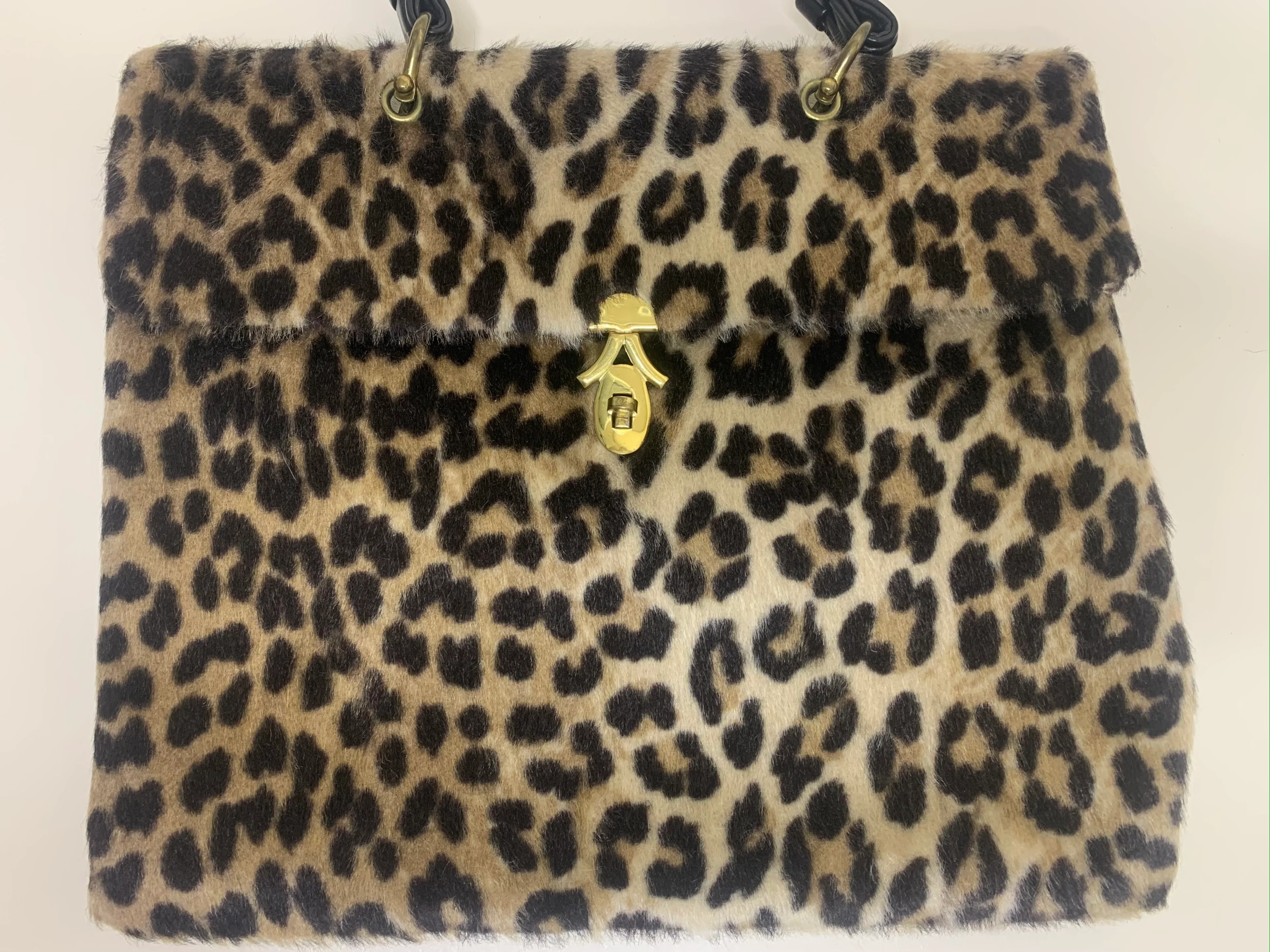 60s/70s Black And Tan Faux Leopard Top Handle Handbag - Image 4