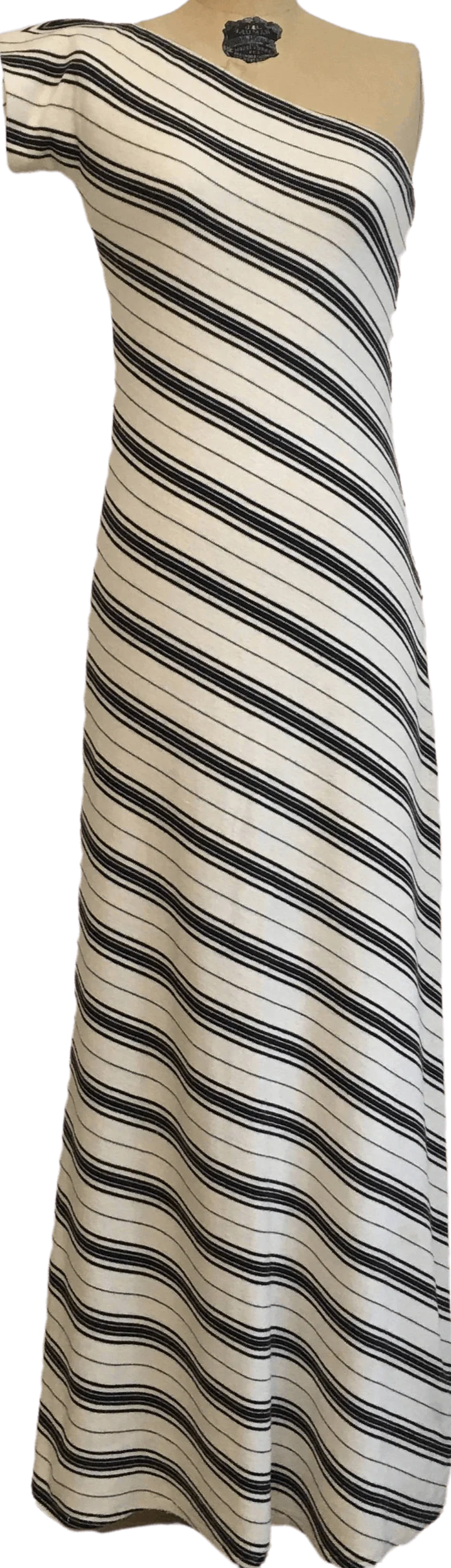 60's/70's Black and White Striped One Shoulder Maxi Dress by Morty Sussman Mollie Parnis