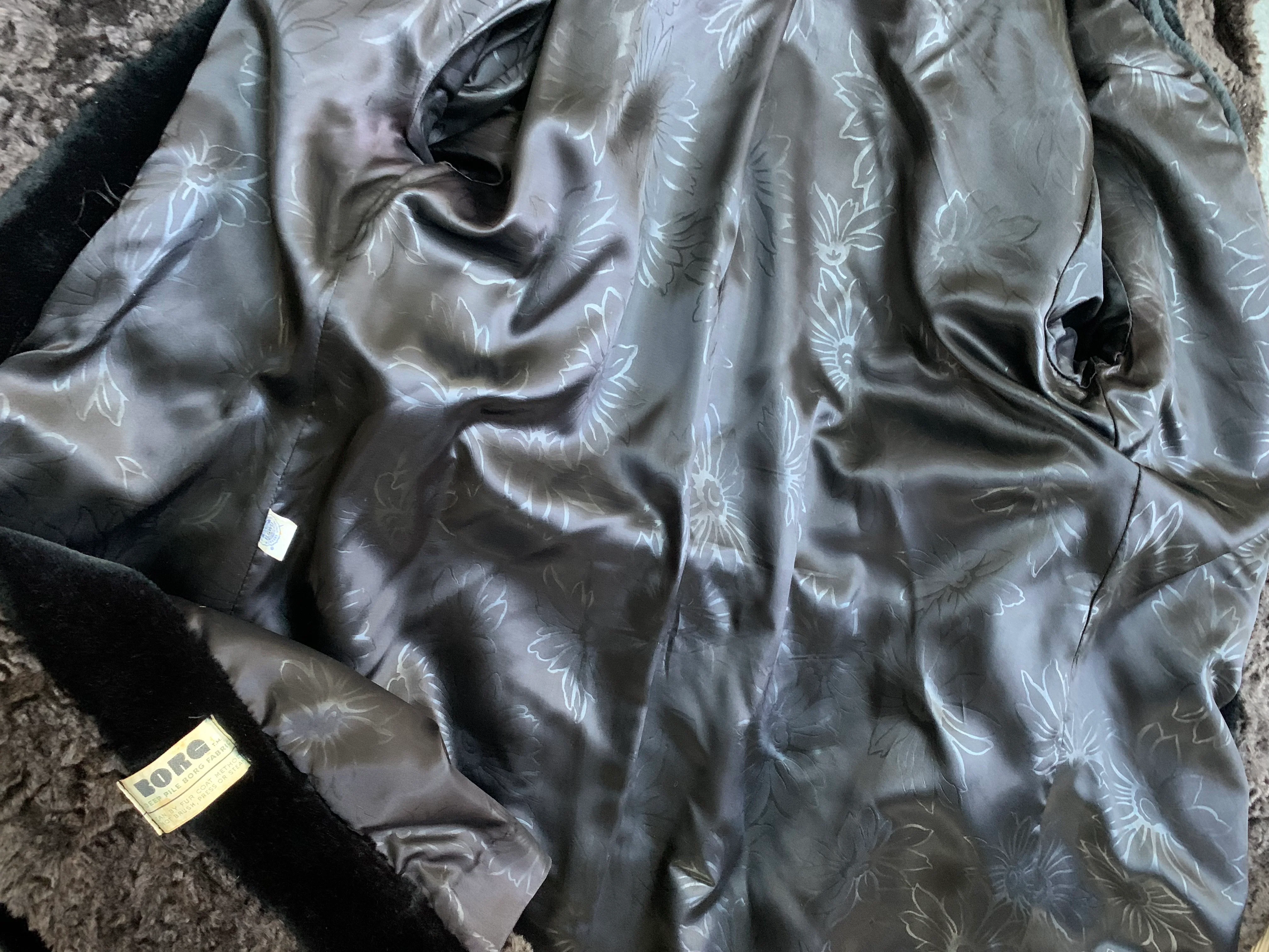 60s/70s Black Brown Faux Fur Hood Midi Coat Frog Closures By Borg Fabric - Image 10