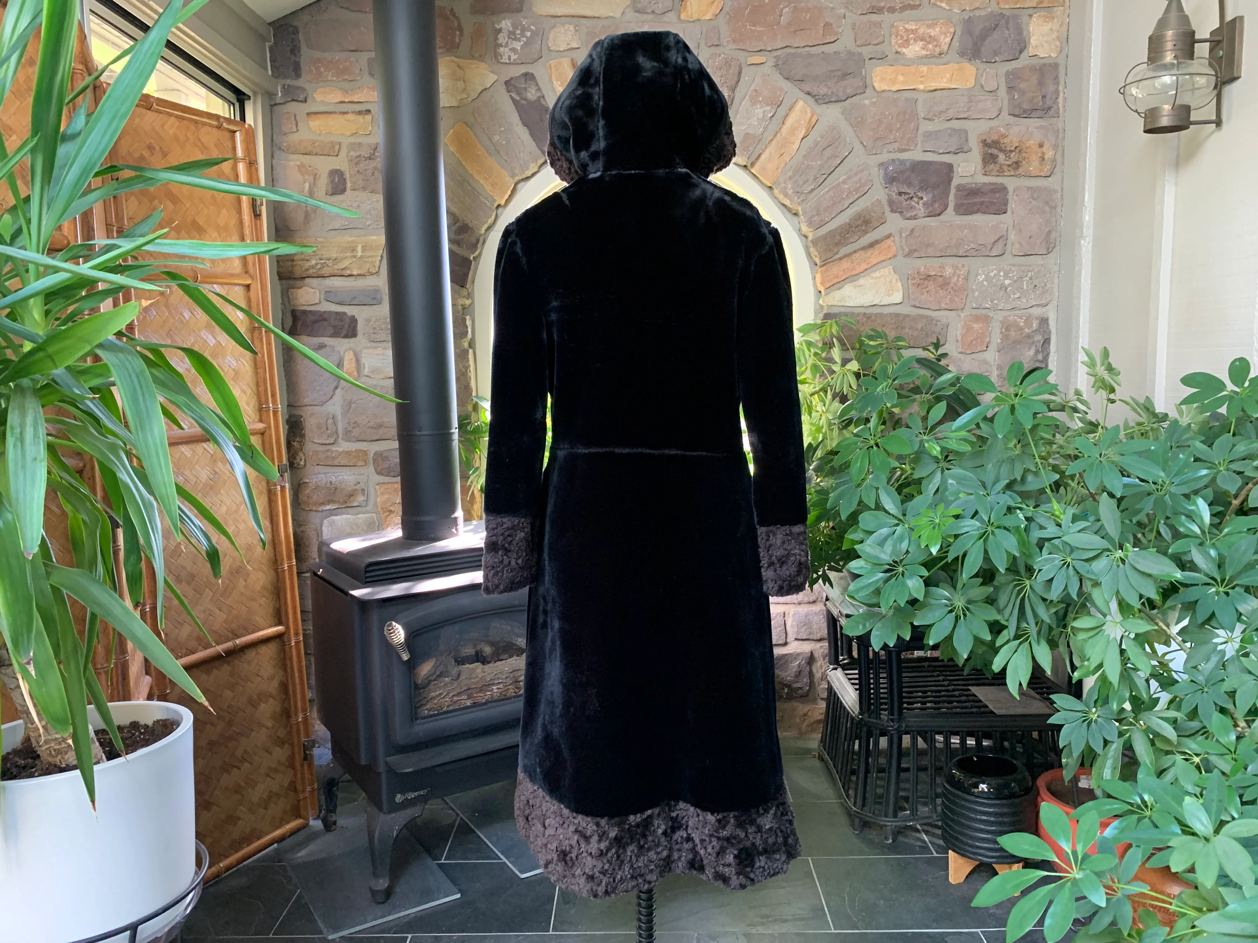 60s/70s Black Brown Faux Fur Hood Midi Coat Frog Closures By Borg Fabric - Image 2