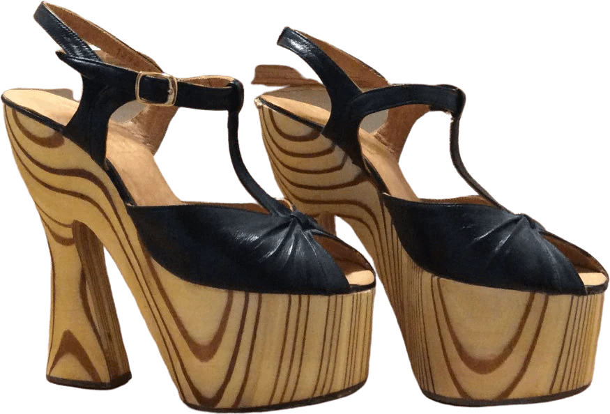 60's/70's Black Leather Peep Toe Shoes with Wooden Platform by Lady Mcguire Made in Spain