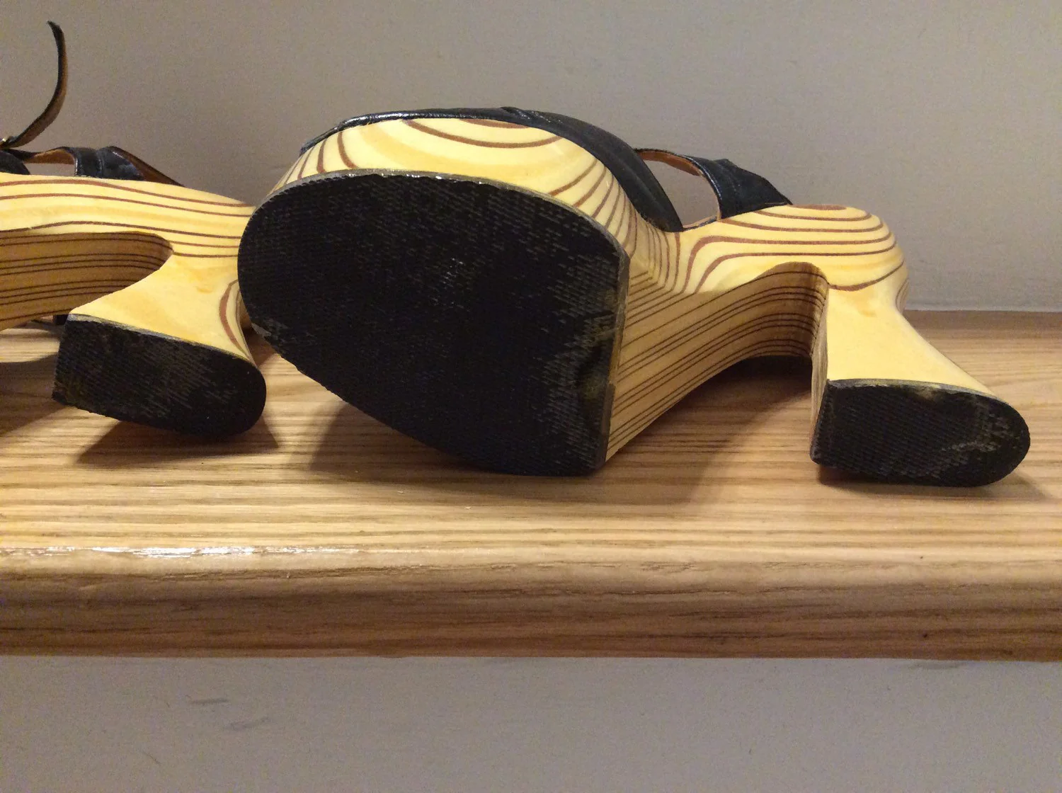 60's/70's Black Leather Peep Toe Shoes with Wooden Platform by Lady Mcguire Made in Spain - Image 4