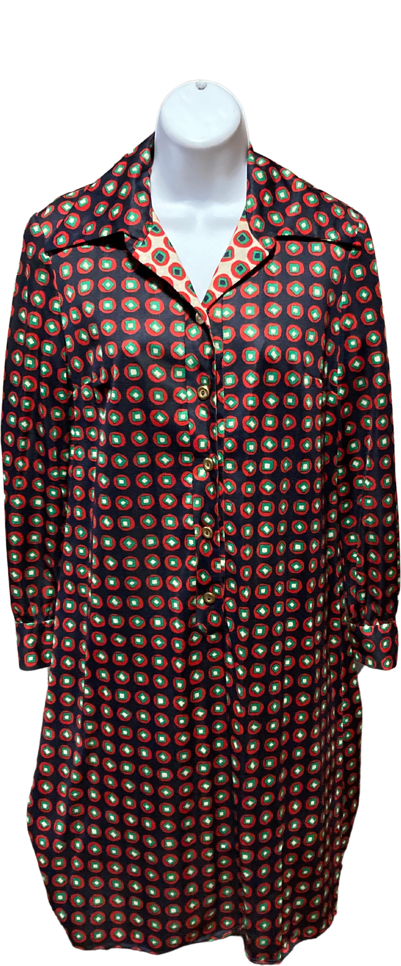60s/70s Black Red Green Cube Pattern Mod Dress With Collar By Nancy Valentine