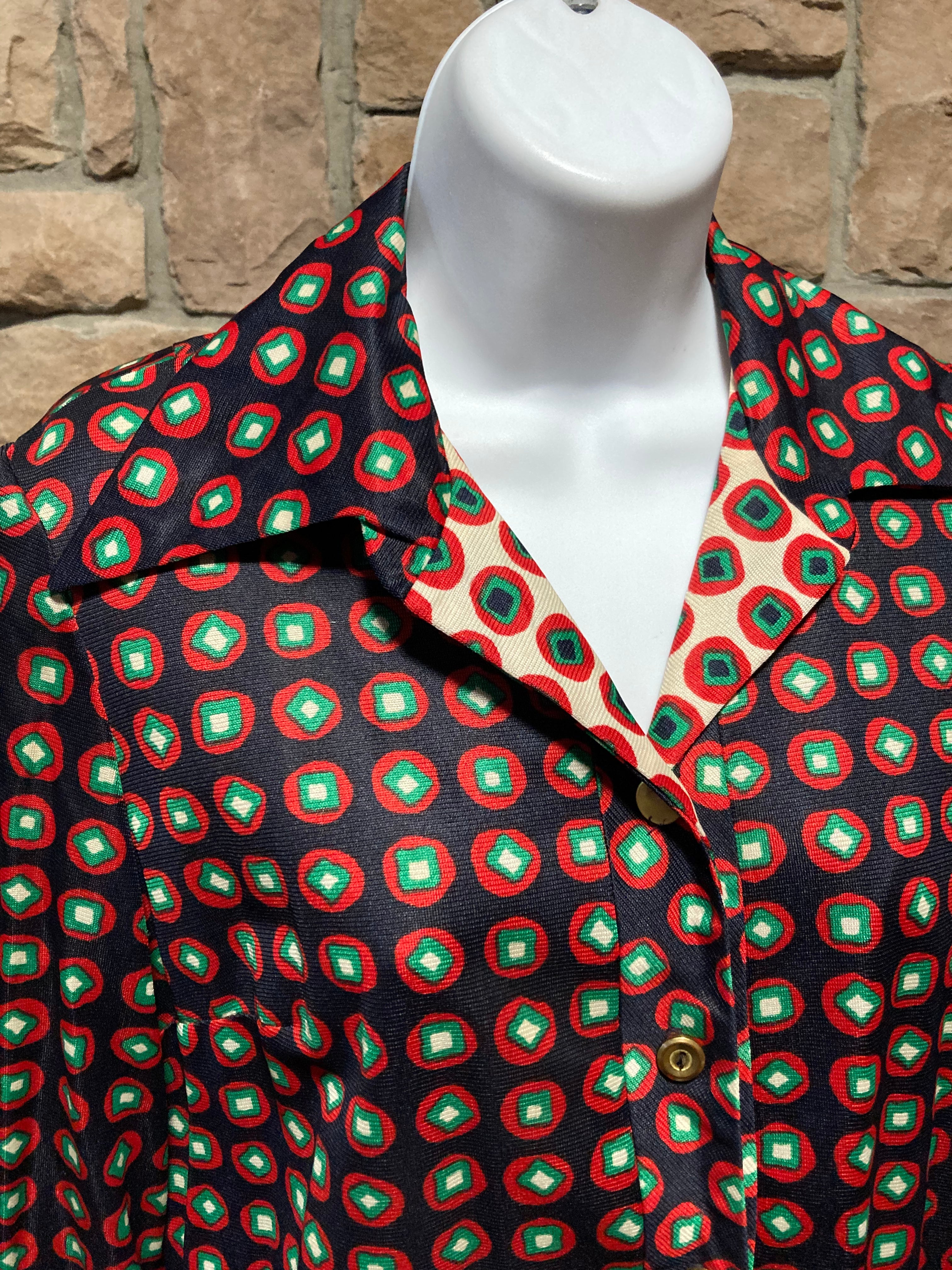 60s/70s Black Red Green Cube Pattern Mod Dress With Collar By Nancy Valentine - Image 3