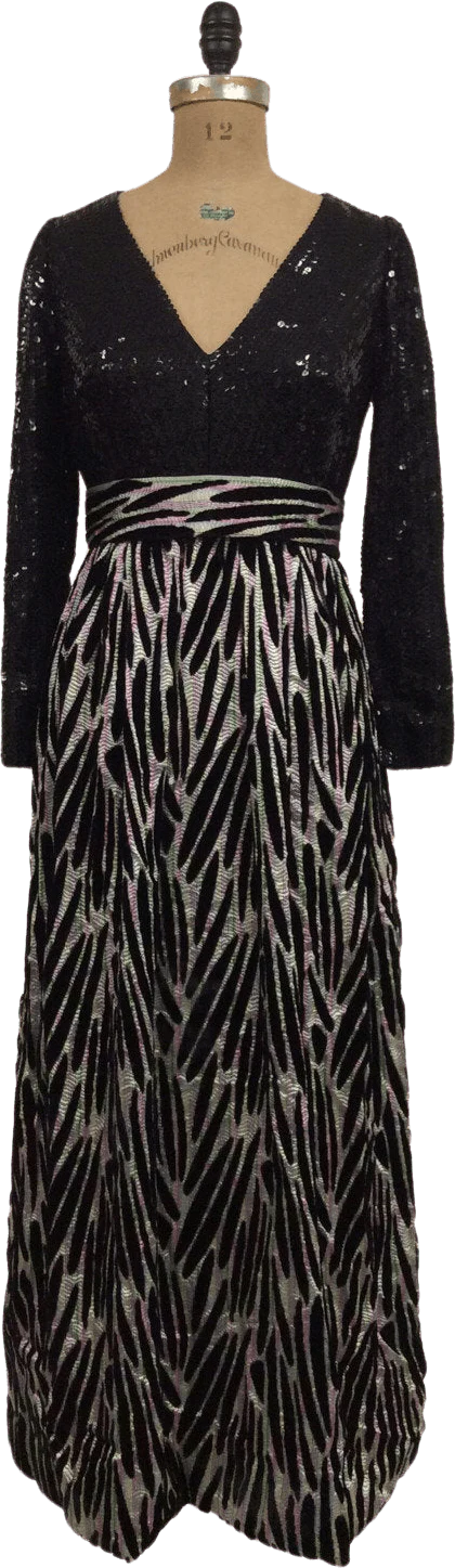 60's/70's Black Sequin Gown with Metallic Print Skirt by Cardinal