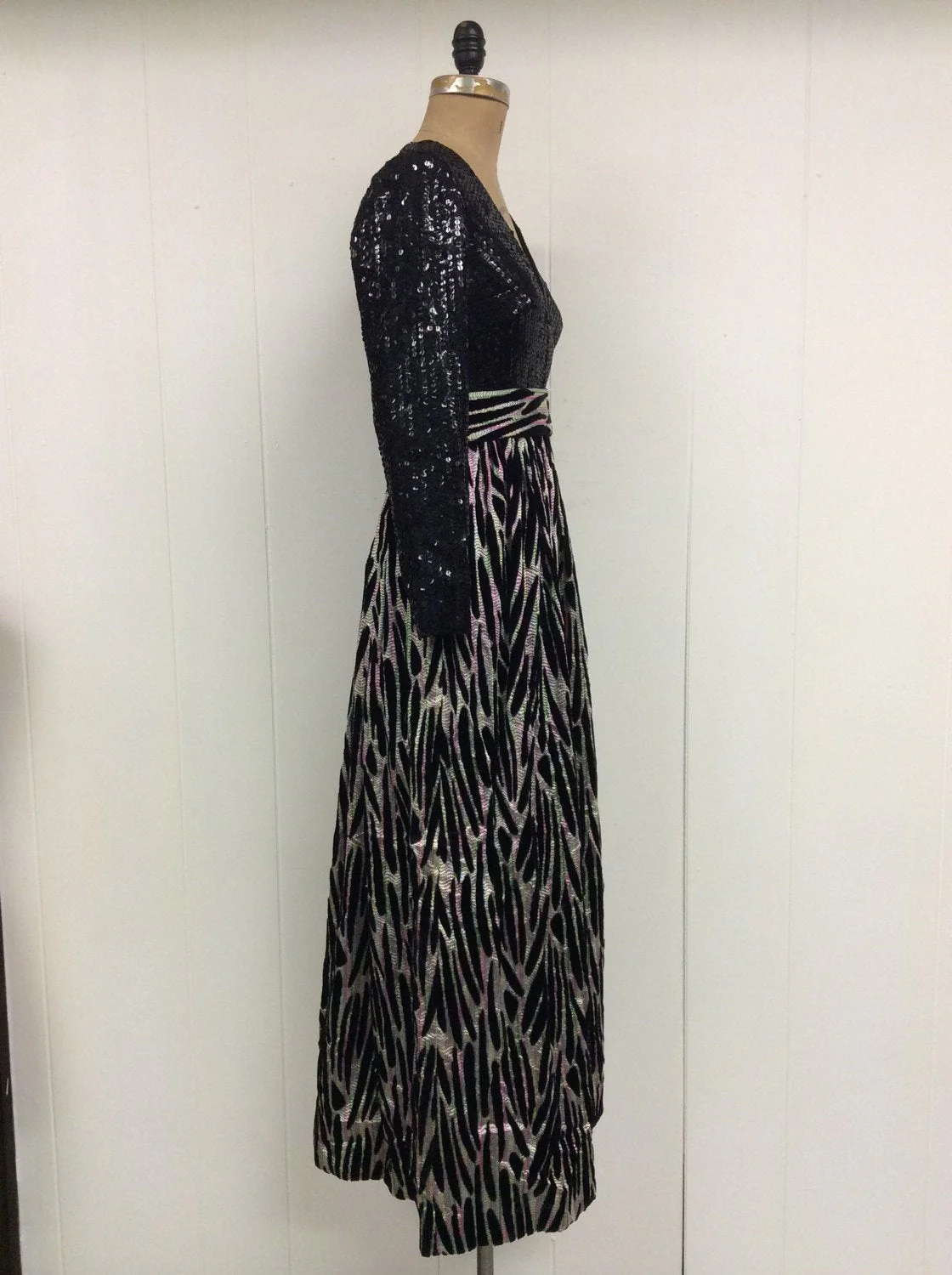 60's/70's Black Sequin Gown with Metallic Print Skirt by Cardinal - Image 3