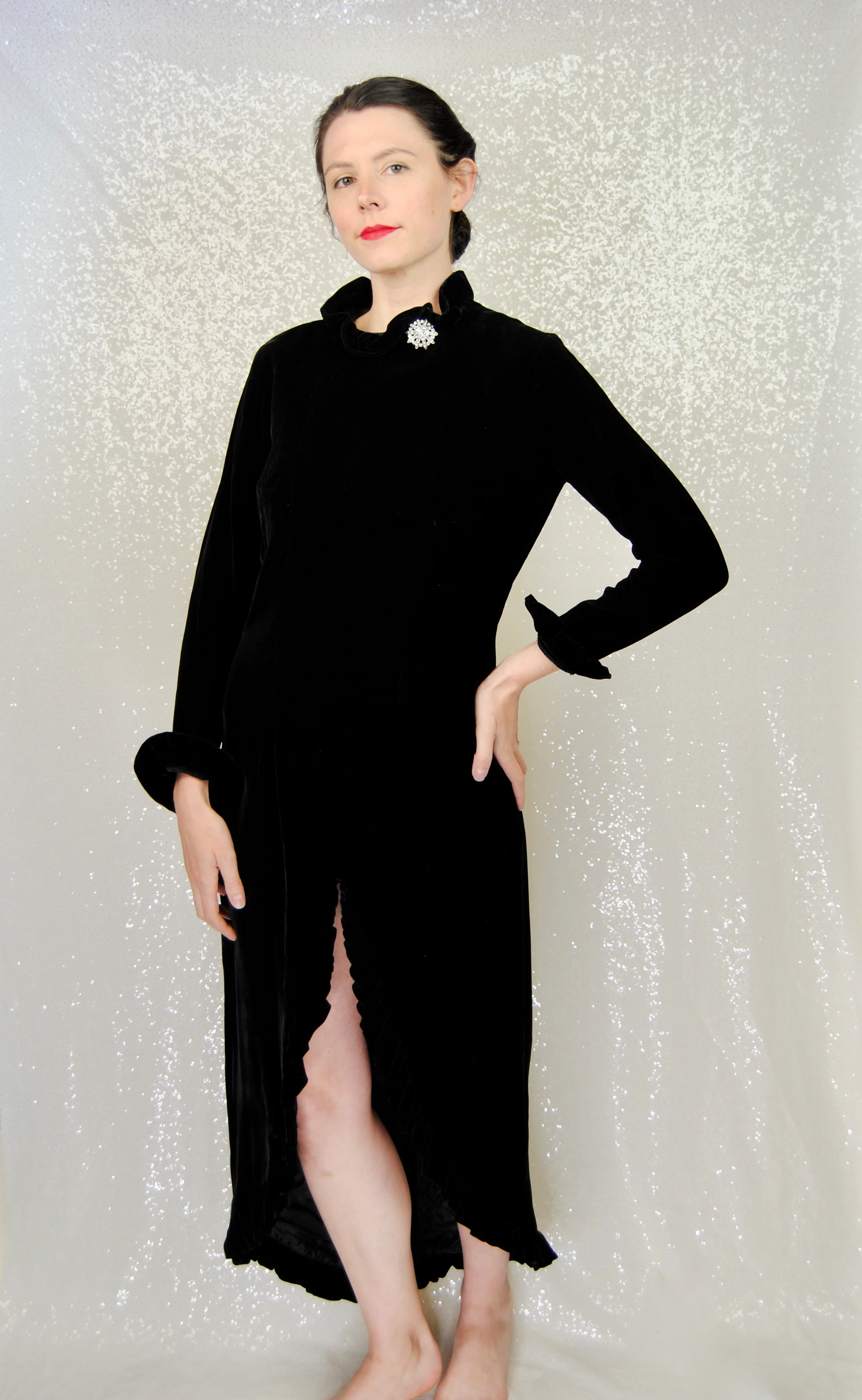 60s/70s Black Velvet Ruffled Mock Neck Hem Cocktail Dress - Image 4