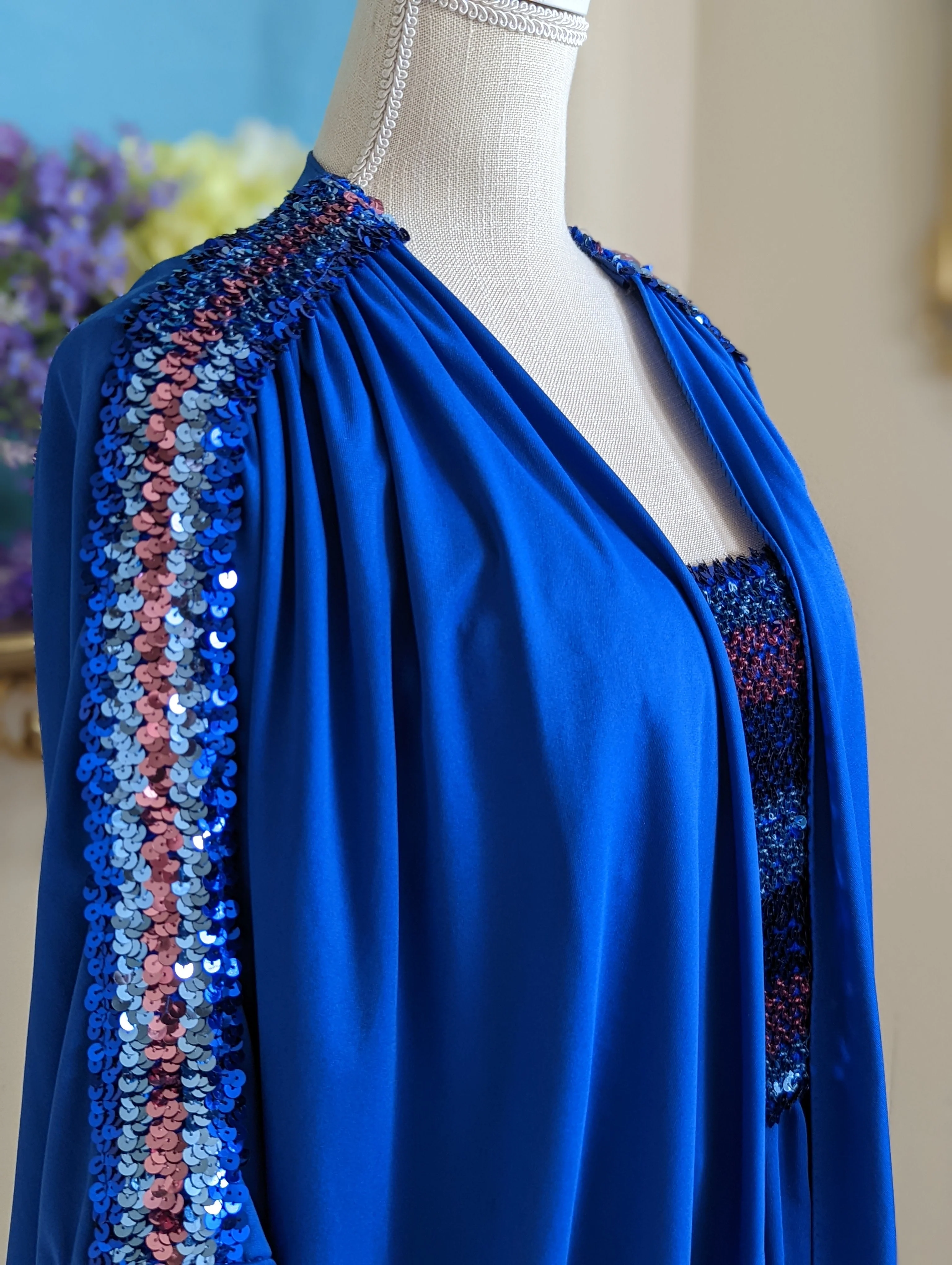60s/70s Blue Cocoon Dress and Coverlet with Sequins - Image 4