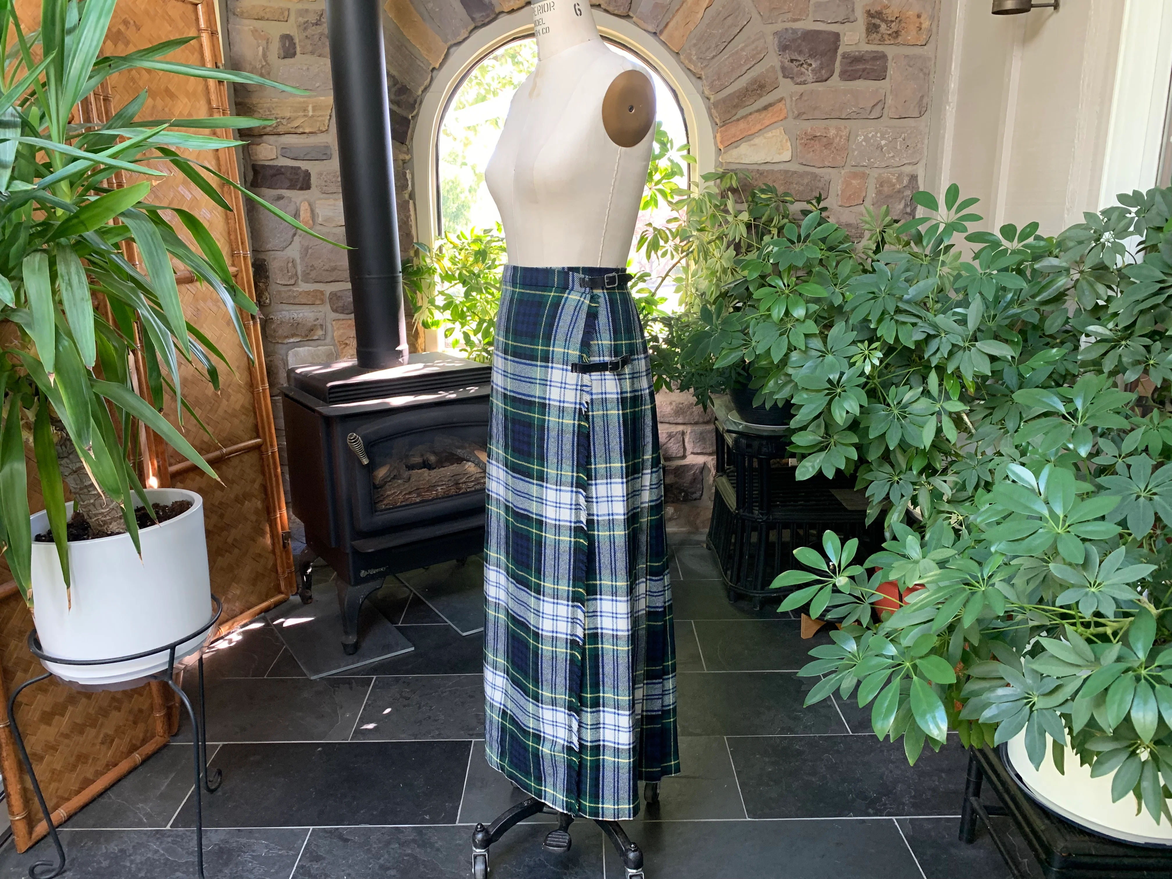 60s/70s Blue Green Tartan Plaid Wool Wrap Maxi Kilt Skirt - Image 4