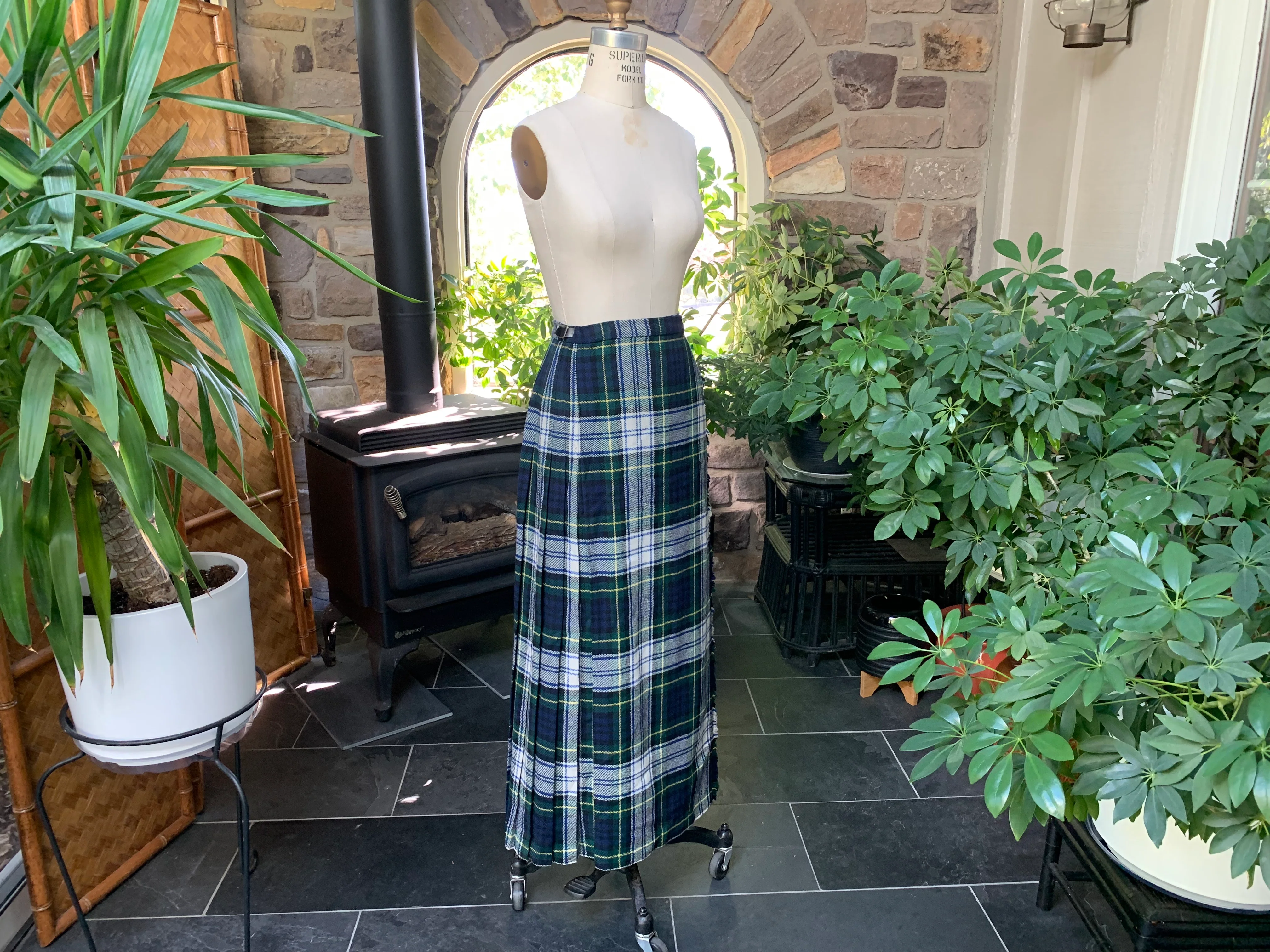 60s/70s Blue Green Tartan Plaid Wool Wrap Maxi Kilt Skirt - Image 9